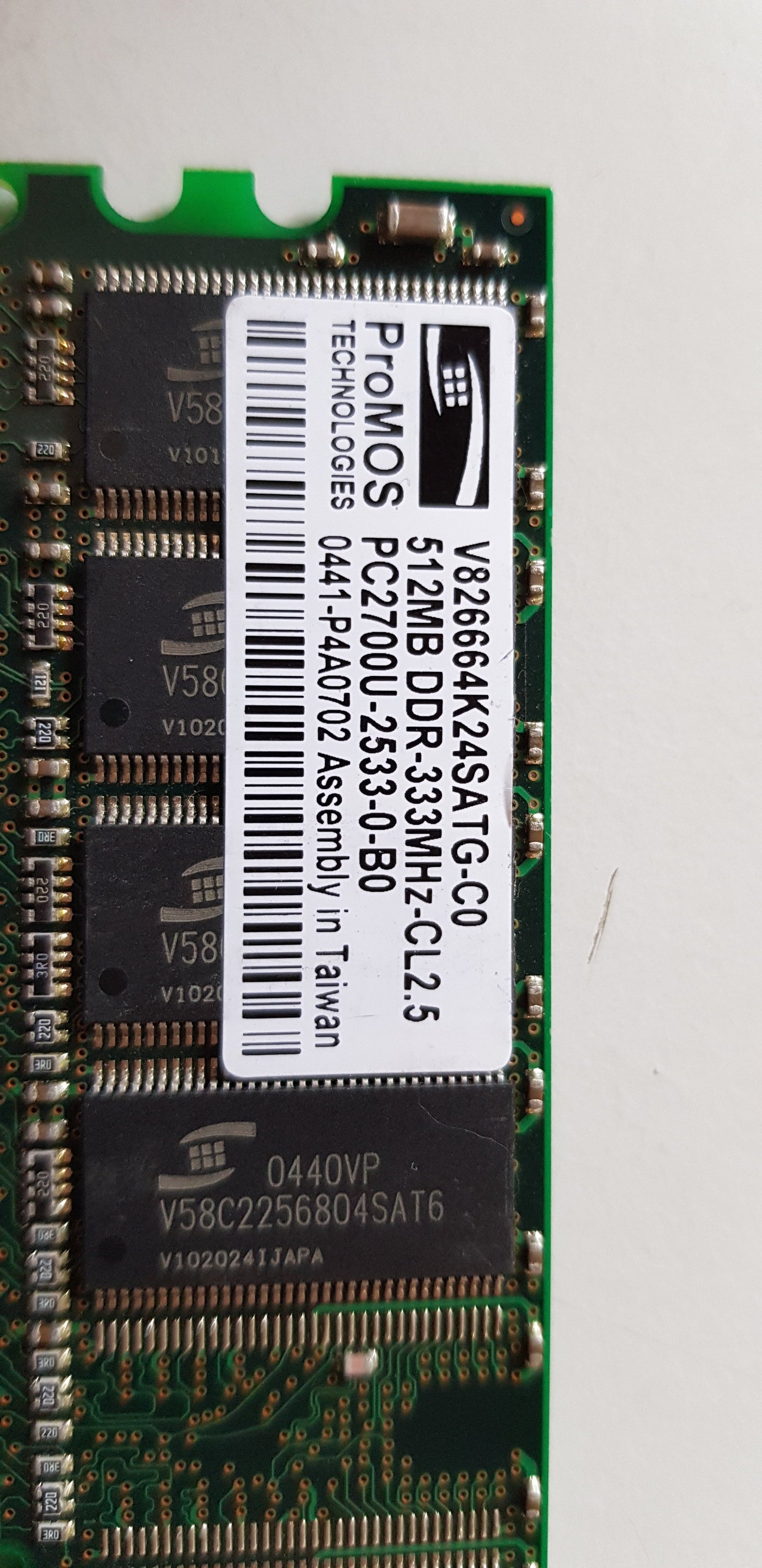 ProMOS 512MB PC2700 DDR-333MHz non-ECC Unbuffered CL2.5 184-Pin DIMM ( V826664K24SATG-C0 ) REF