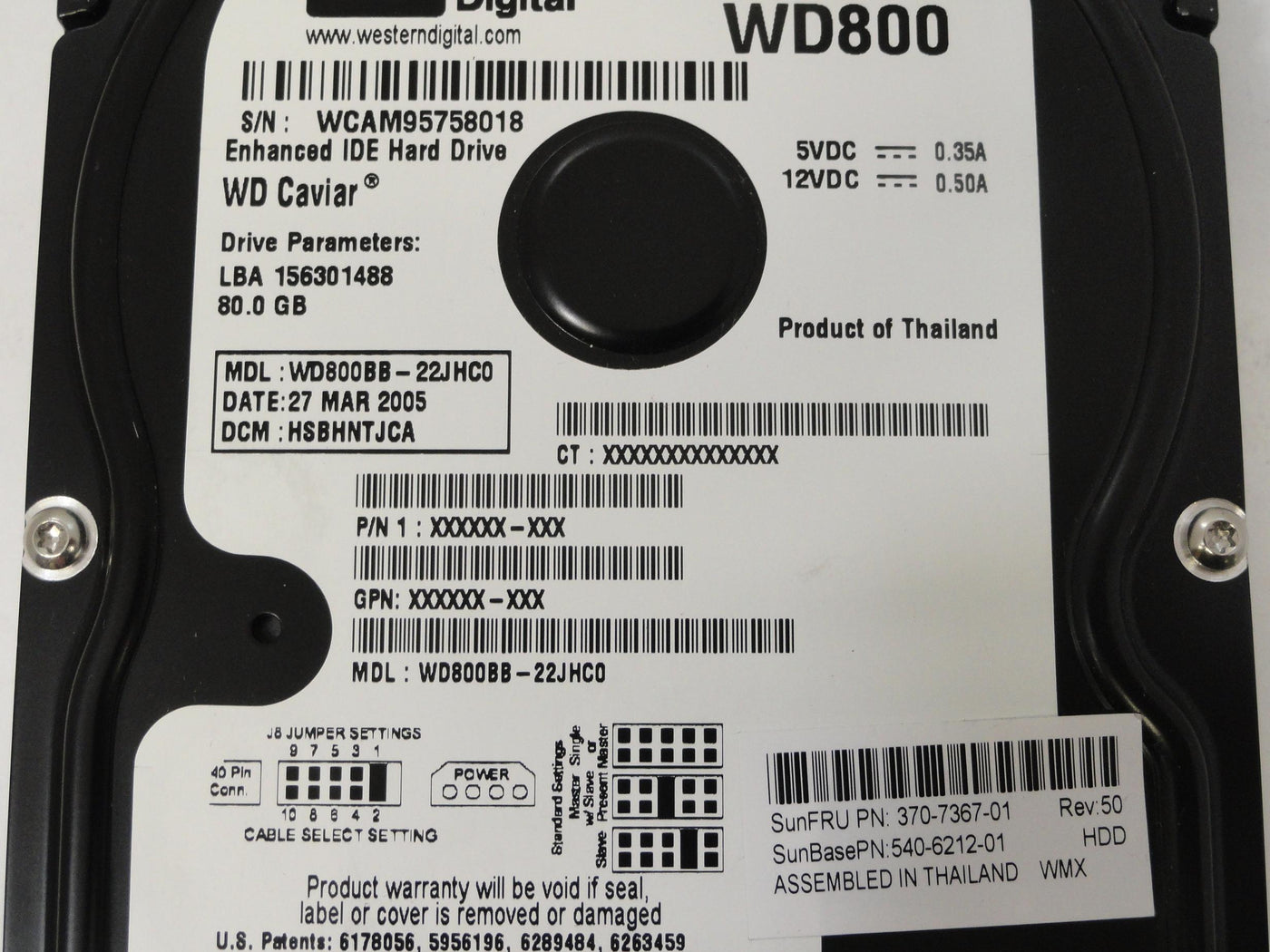 Western Digital SUN 80Gb 7200RPM IDE 3.5" HDD ( WD800BB-22JHC0 370-7367-01 ) REF