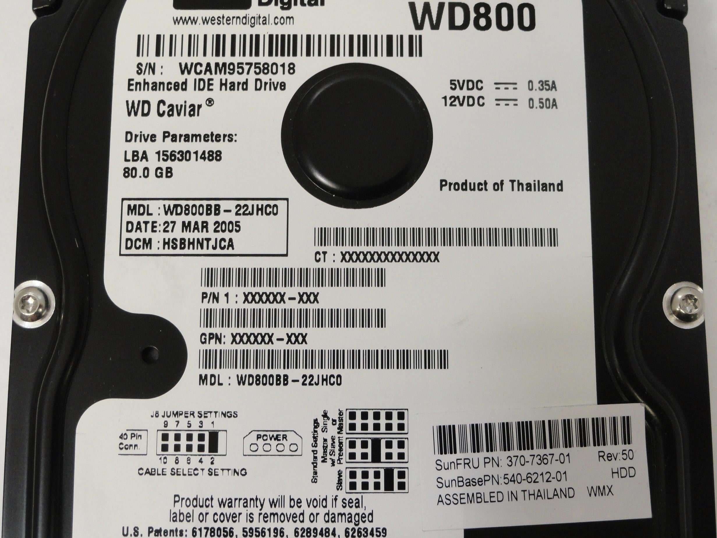 Western Digital SUN 80Gb 7200RPM IDE 3.5" HDD ( WD800BB-22JHC0 370-7367-01 ) REF