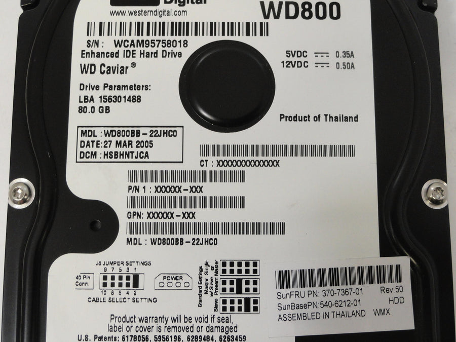 Western Digital SUN 80Gb 7200RPM IDE 3.5" HDD ( WD800BB-22JHC0 370-7367-01 ) REF