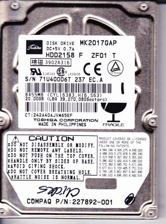 MK2017GAP - 20Gb Toshiba 2.5" Laptop Drive - Refurbished