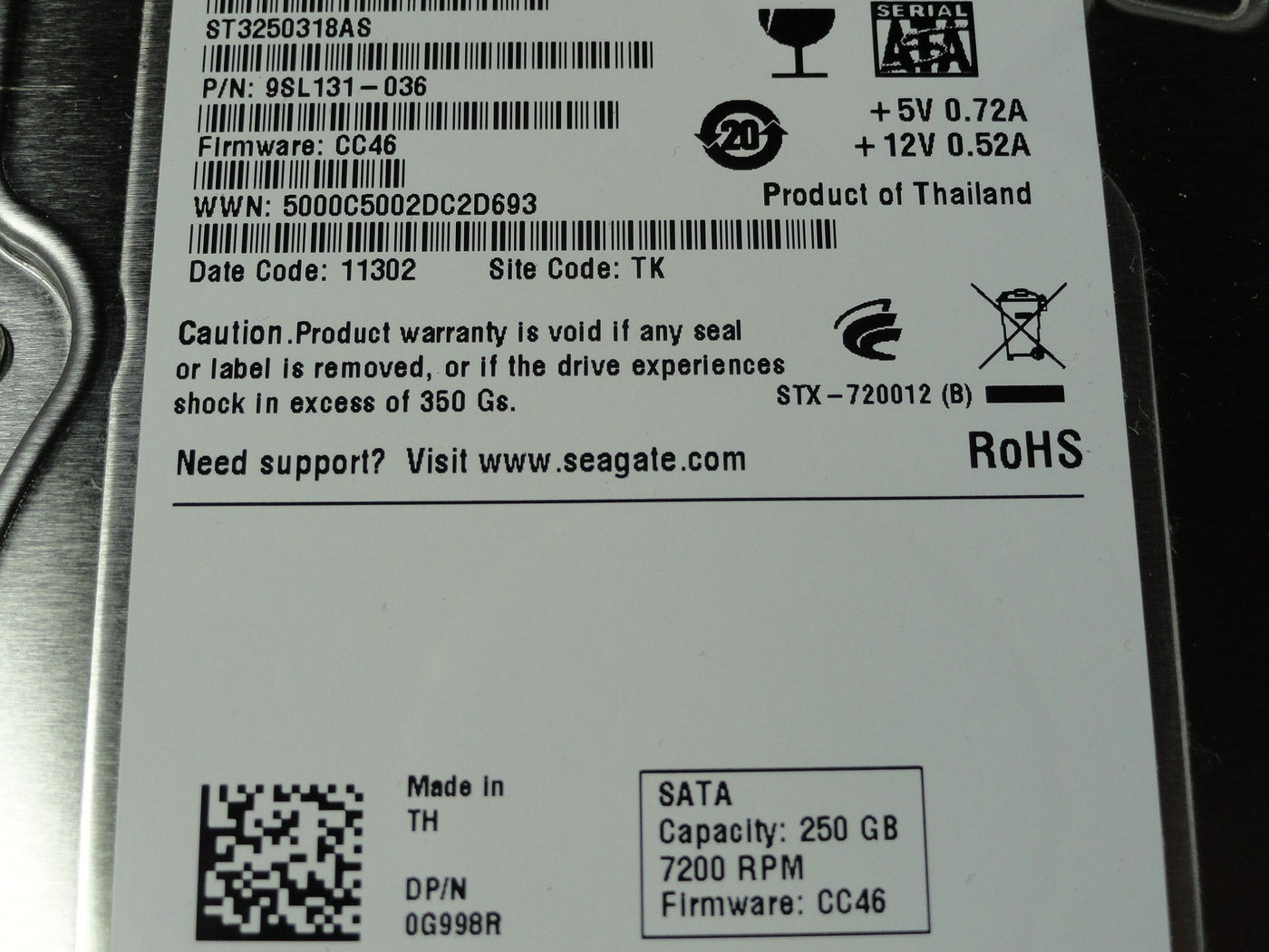 Seagate Dell 250Gb SATA 7200rpm 3.5in HDD ( 9SL131-036 ST3250318AS G998R 0G998R  Ref )