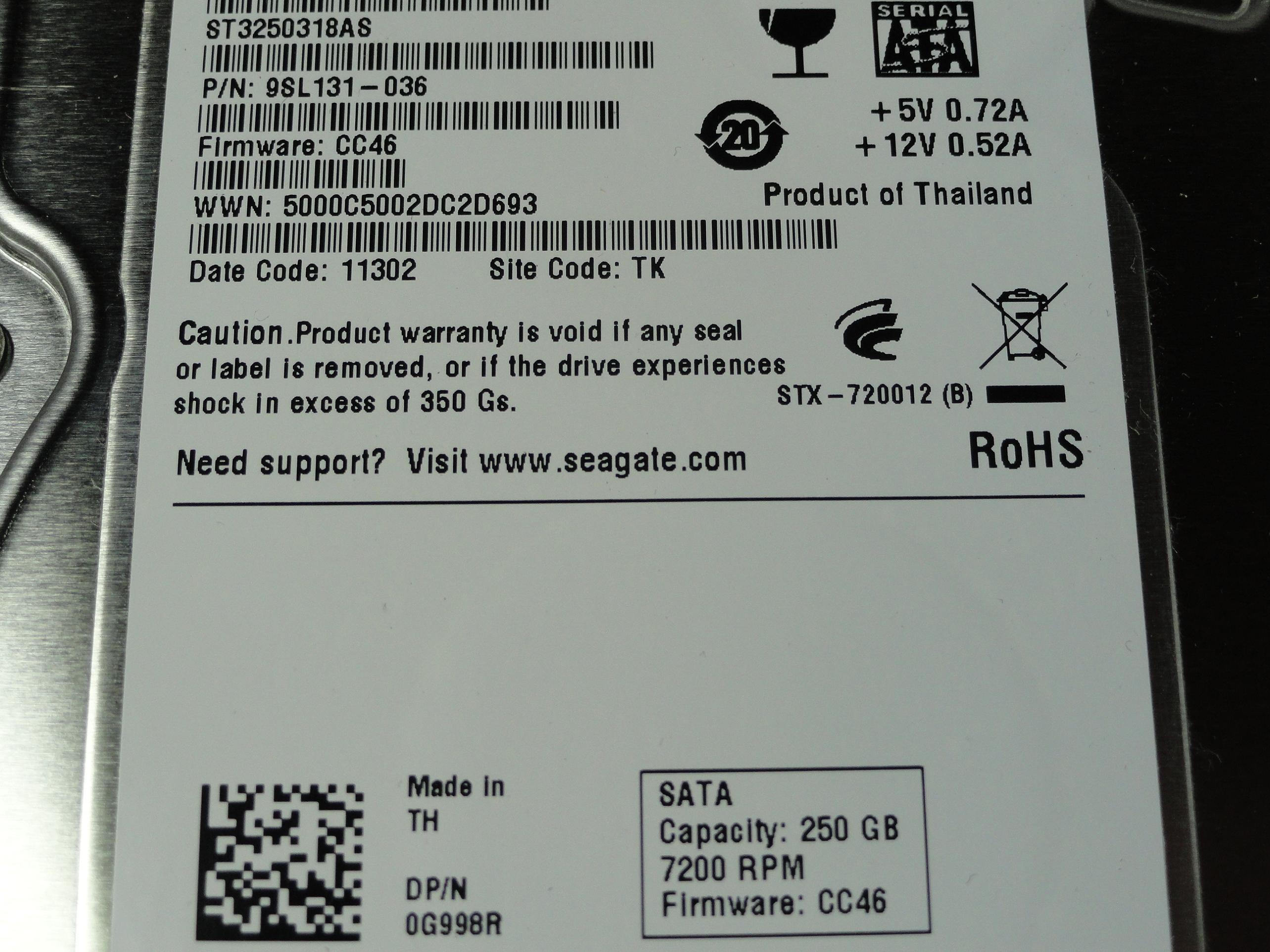 Seagate Dell 250Gb SATA 7200rpm 3.5in HDD ( 9SL131-036 ST3250318AS G998R 0G998R  Ref )