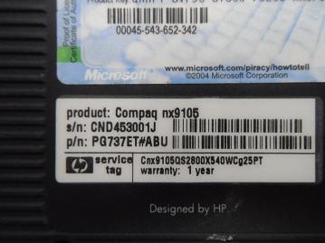 nx9105 - HP Compaq nx9105 1.6Ghz 256Mb No HDD Laptop - Black & Graphite - Name Stained - With PSU - USED