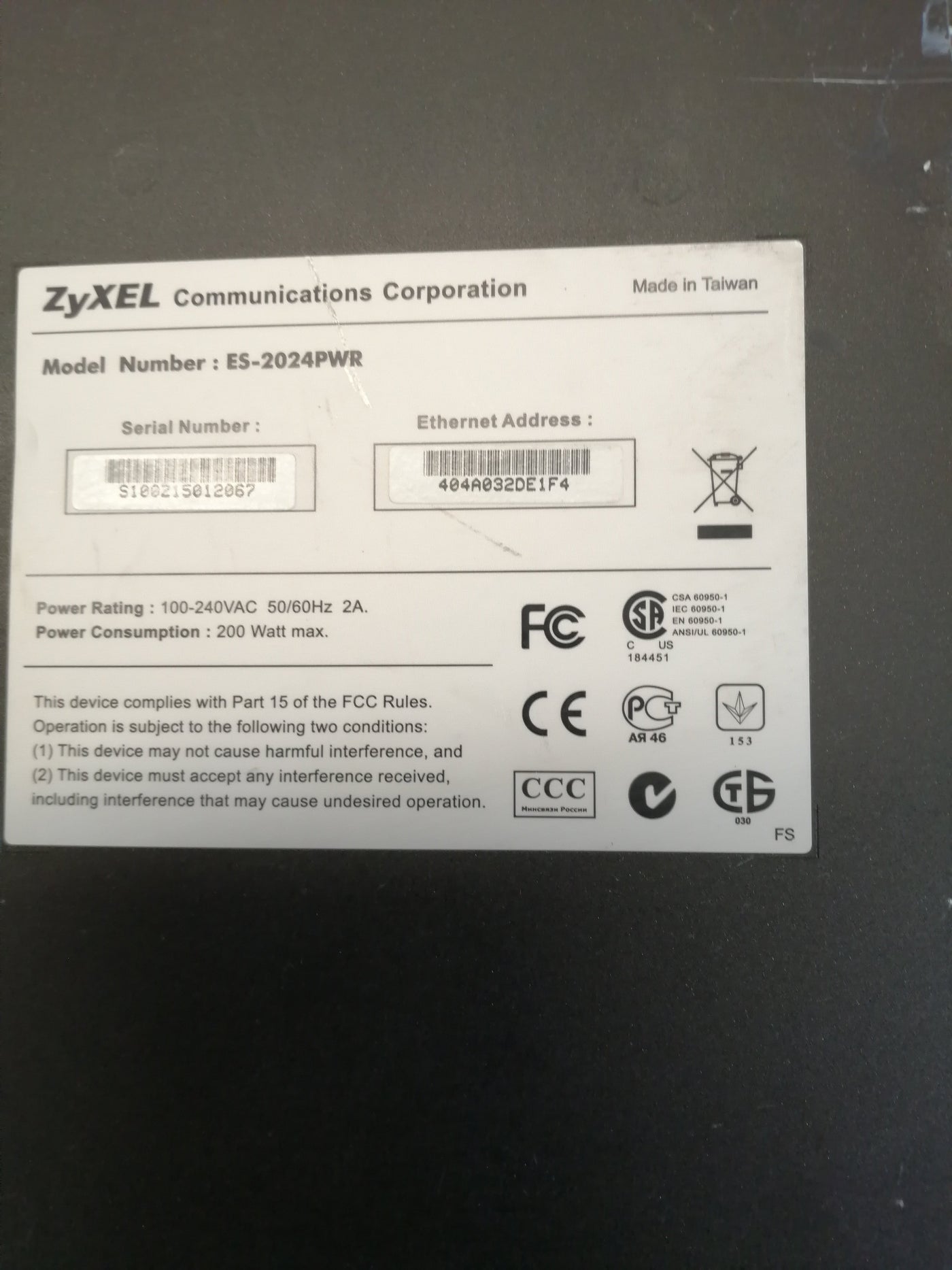 ZyXEL ES-2024PWR 24 10/100 POE Managed Switch ( ES-2024 USED )