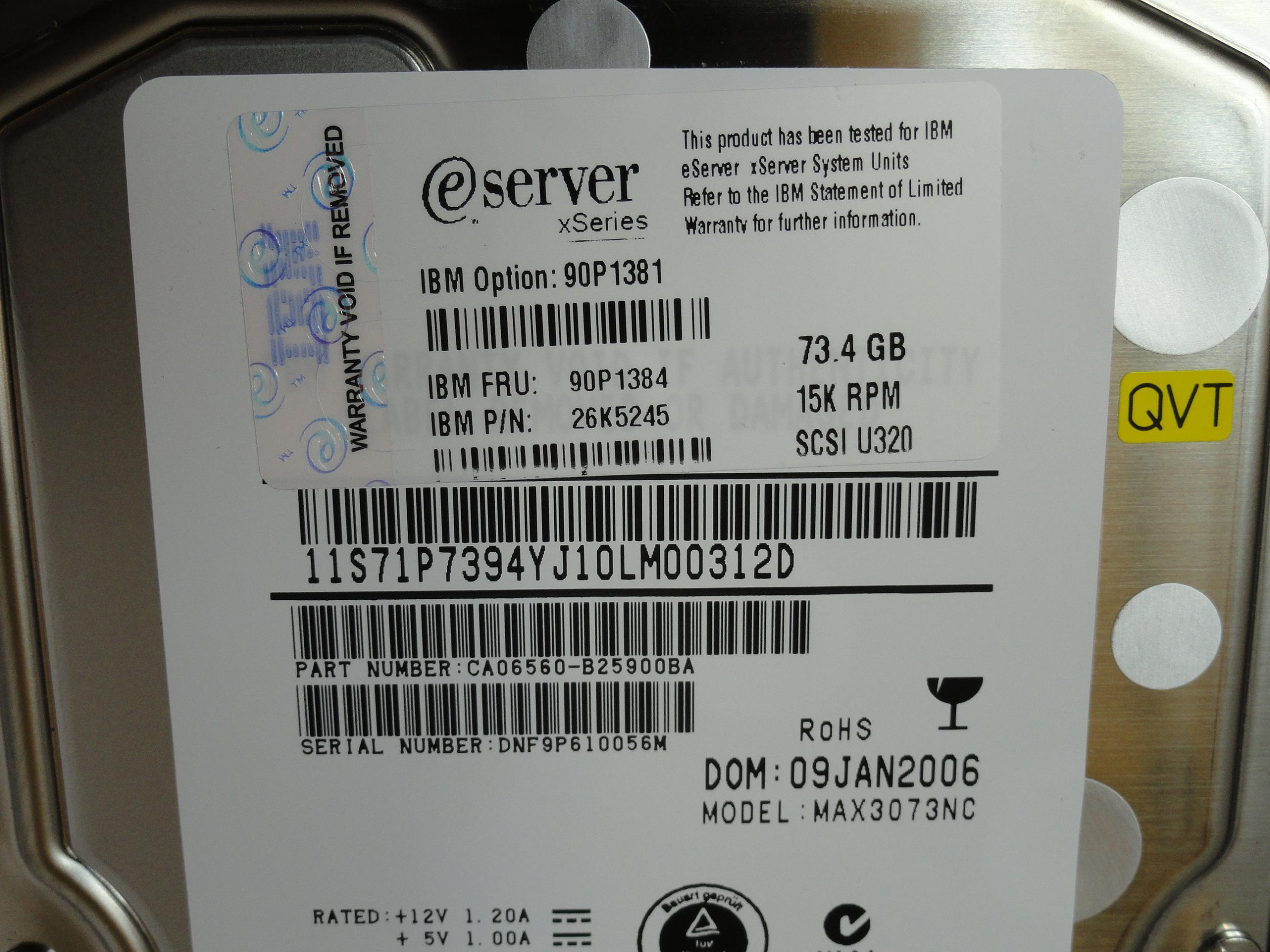 Fujitsu IBM 73.4GB SCSI 80 Pin 15Krpm 3.5in HDD in caddy ( CA06560-B25900BA MAX3073NC 26K5245 90P1384 90P1381 ) USED