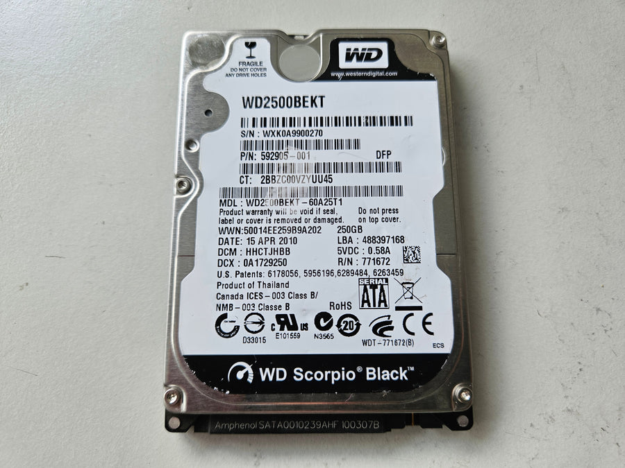 Western Digital HP 250GB 7200RPM SATA 2.5in HDD ( WD2500BEKT WD2500BEKT-60A25T1 592905-001 ) USED