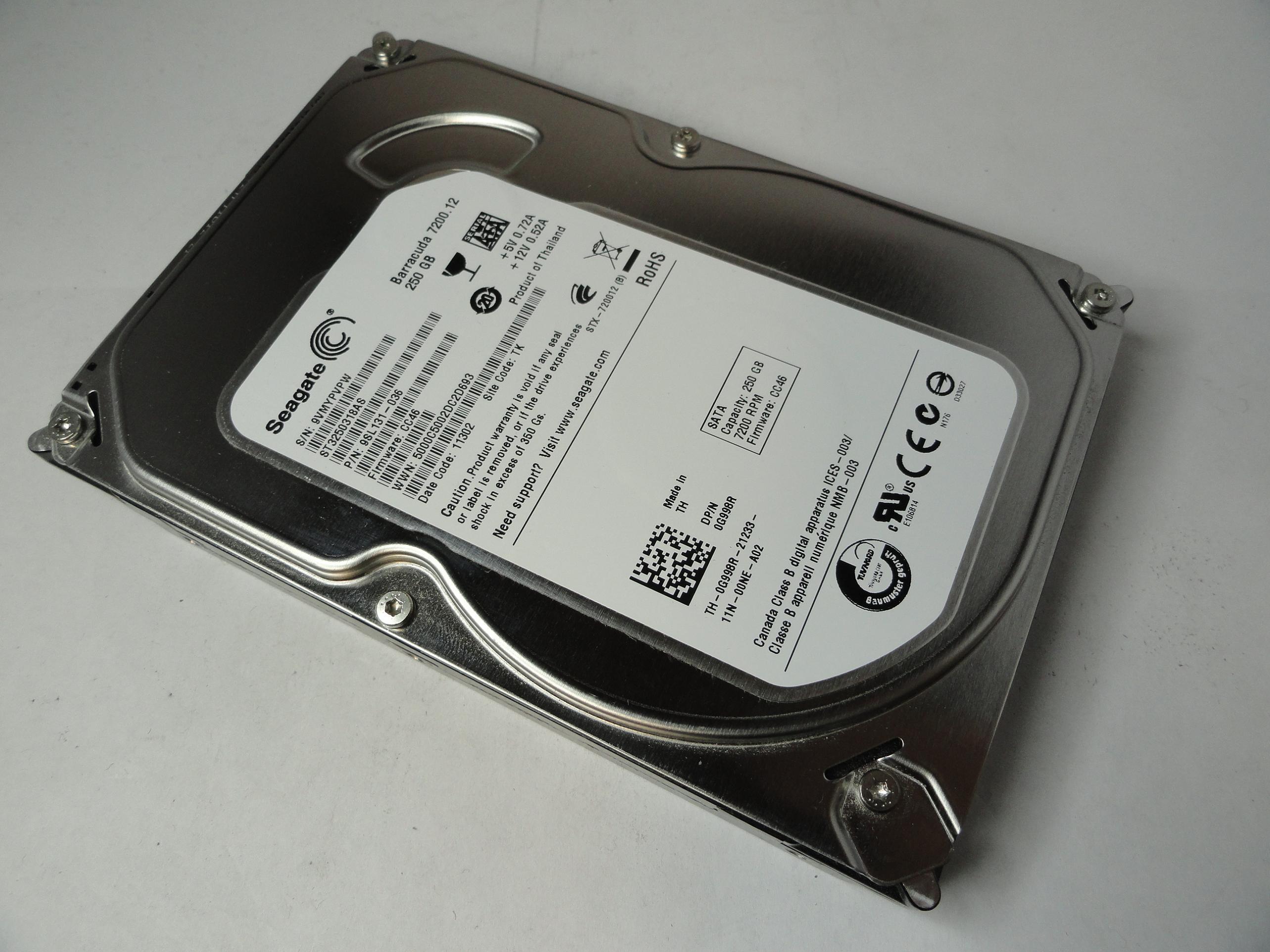 Seagate Dell 250Gb SATA 7200rpm 3.5in HDD ( 9SL131-036 ST3250318AS G998R 0G998R  Ref )