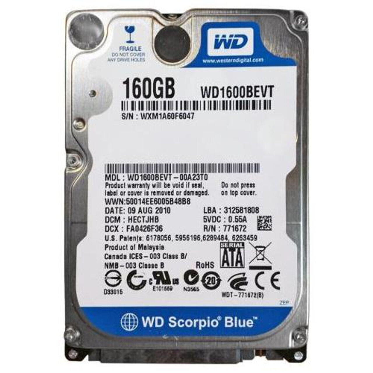 Western Digital 160GB SATA 5400rpm 2.5in HDD ( WD1600BEVT WD1600BEVT-00A23T0 ) USED