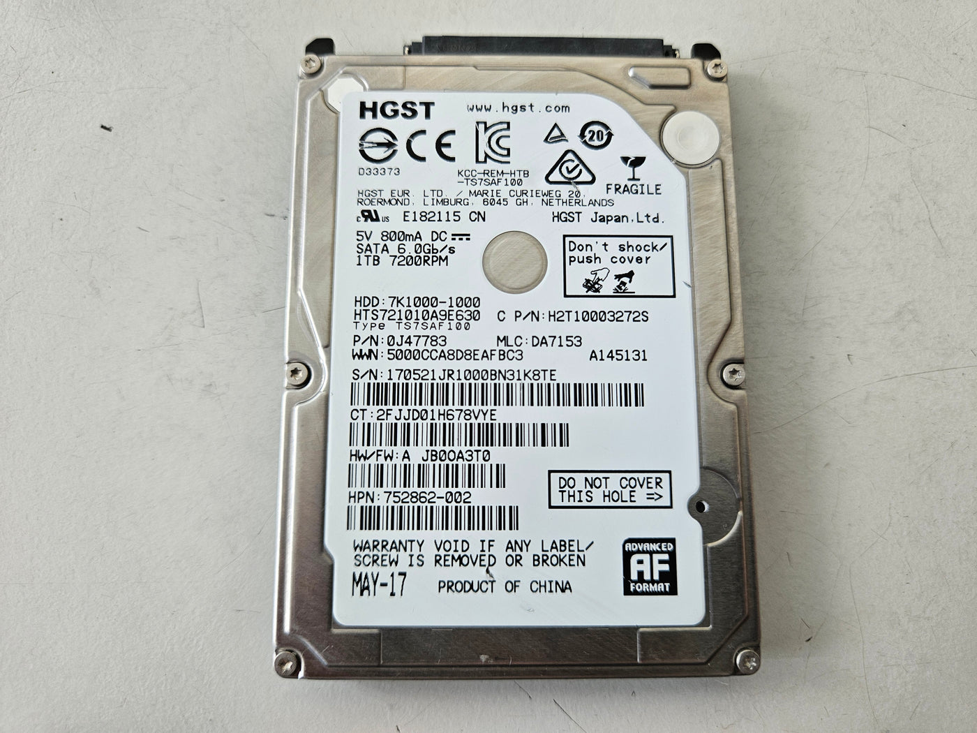 HGST HP Travelstar 1TB 7200RPM SATA 2.5" HDD ( HTS721010A9E630 0J47783 752862-002 ) USED