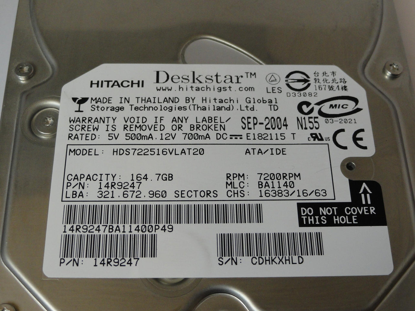 PR21253_14R9247_Hittachi 164.7Gb IDE 7200rpm 3.5in HDD - Image2