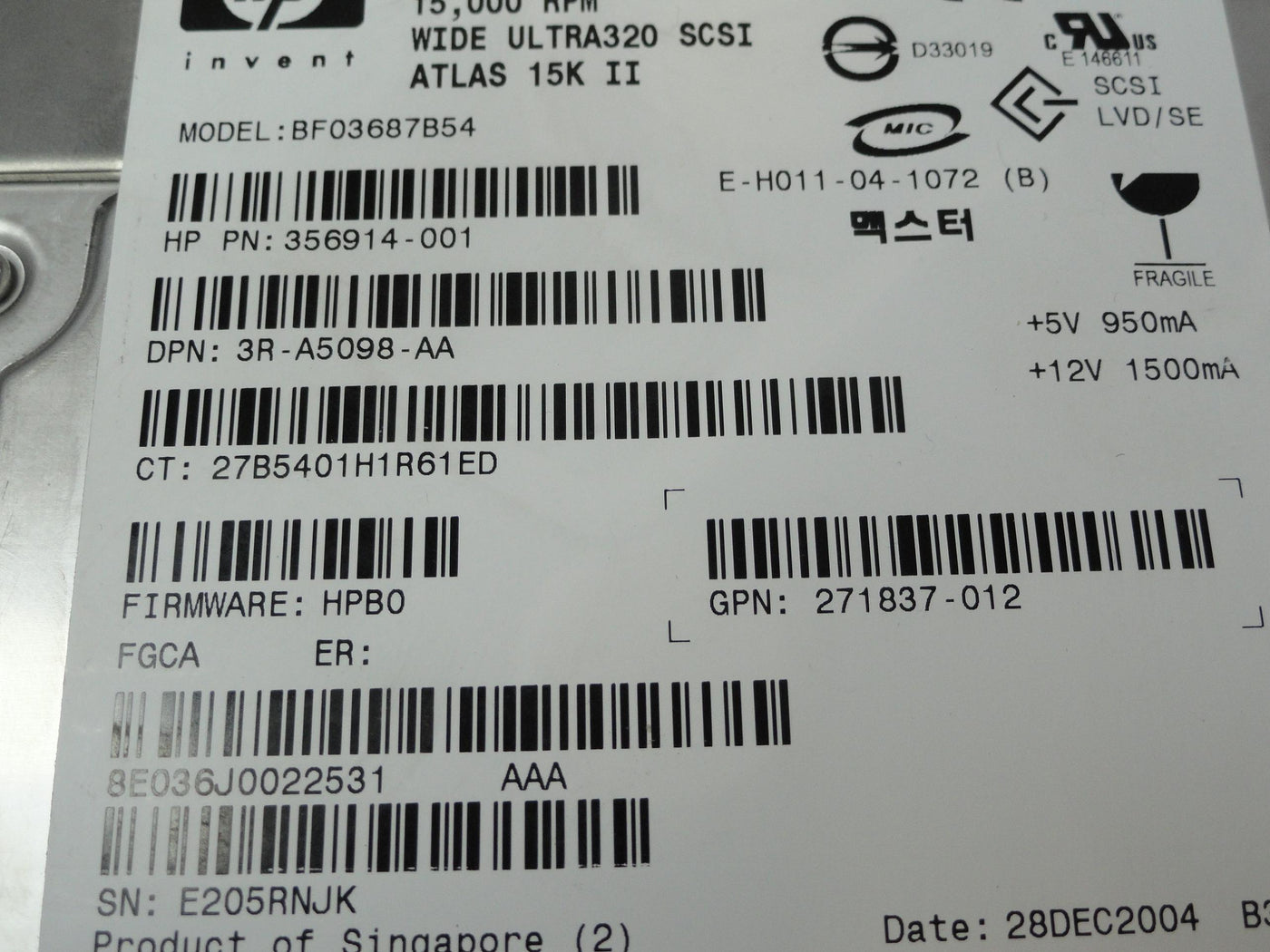 HP Maxtor 36.4GB SCSI 80 Pin 15Krpm 3.5in HDD in Caddy ( 8E036J0 356914-001 BF03687B54 271837-012 3R-A5098-AA 289241-001 ) REF