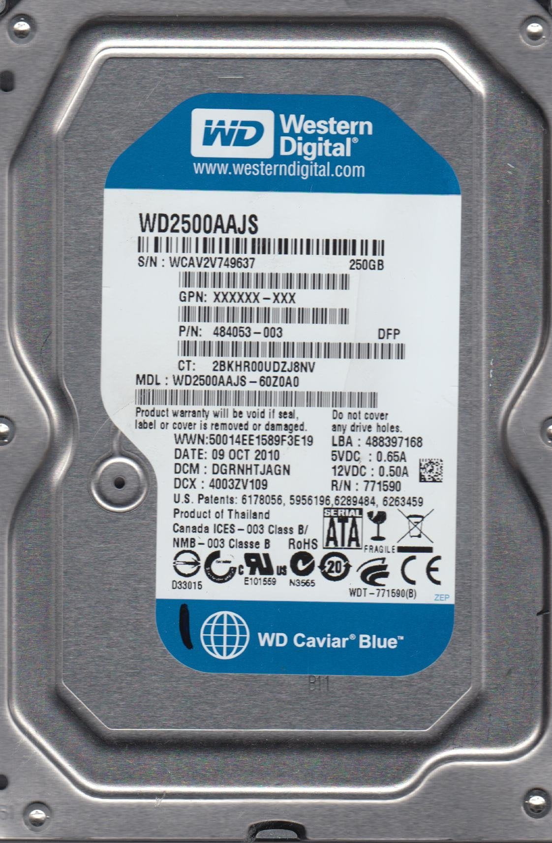 Western Digital HP 250GB SATA 7200rpm 3.5in HDD ( WD2500AAJS-60Z0A0 504337-001 484053-003 ) USED