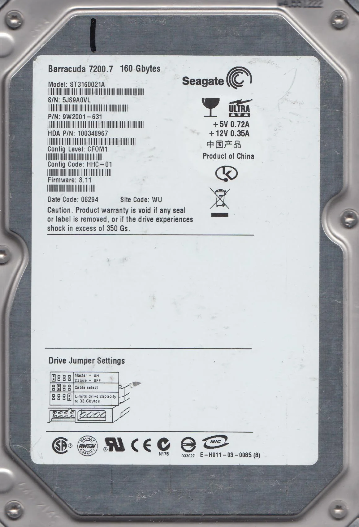 Seagate BarraCuda 160GB 7200RPM IDE 3.5in HDD ( 9W2001-631 ST3160021A ) REF