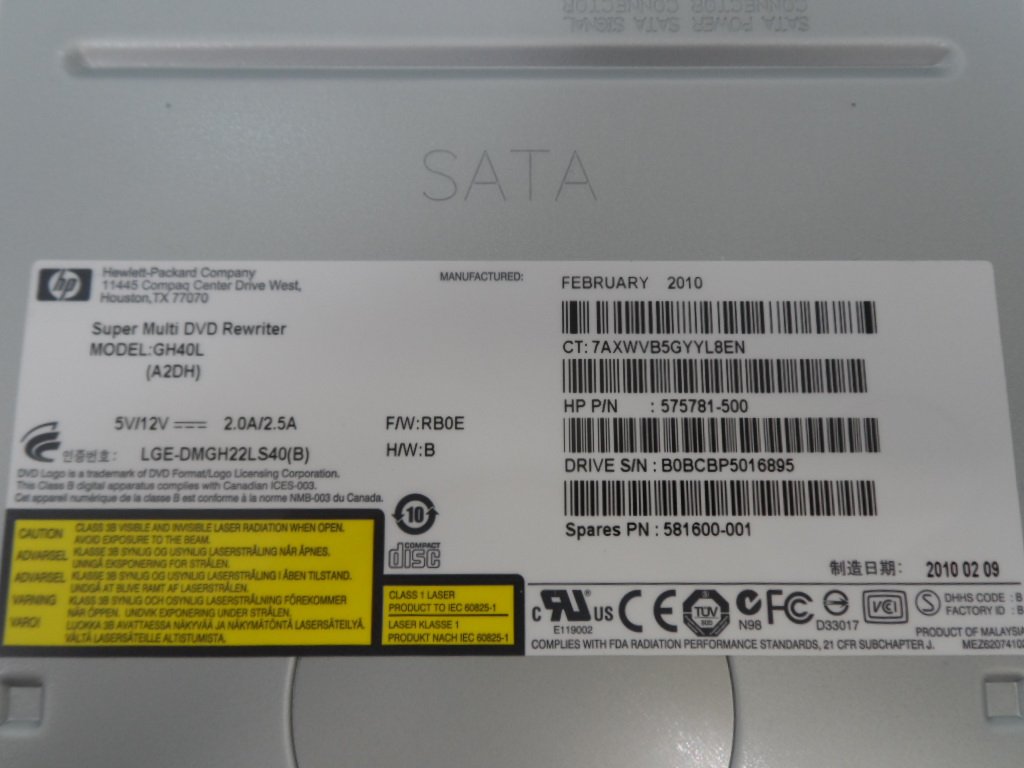 HP Super Multi DVD RW+R DL LightScribe SATA Drive ( 575781-500 GH40L    HP )