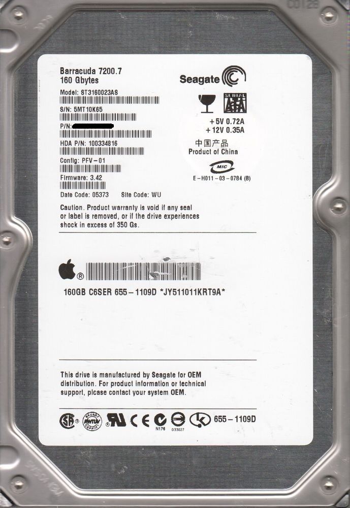 Dell Seagate 160Gb SATA 3.5" 7200rpm HDD ( ST3160023AS 9W2814-133 07J597 ) USED