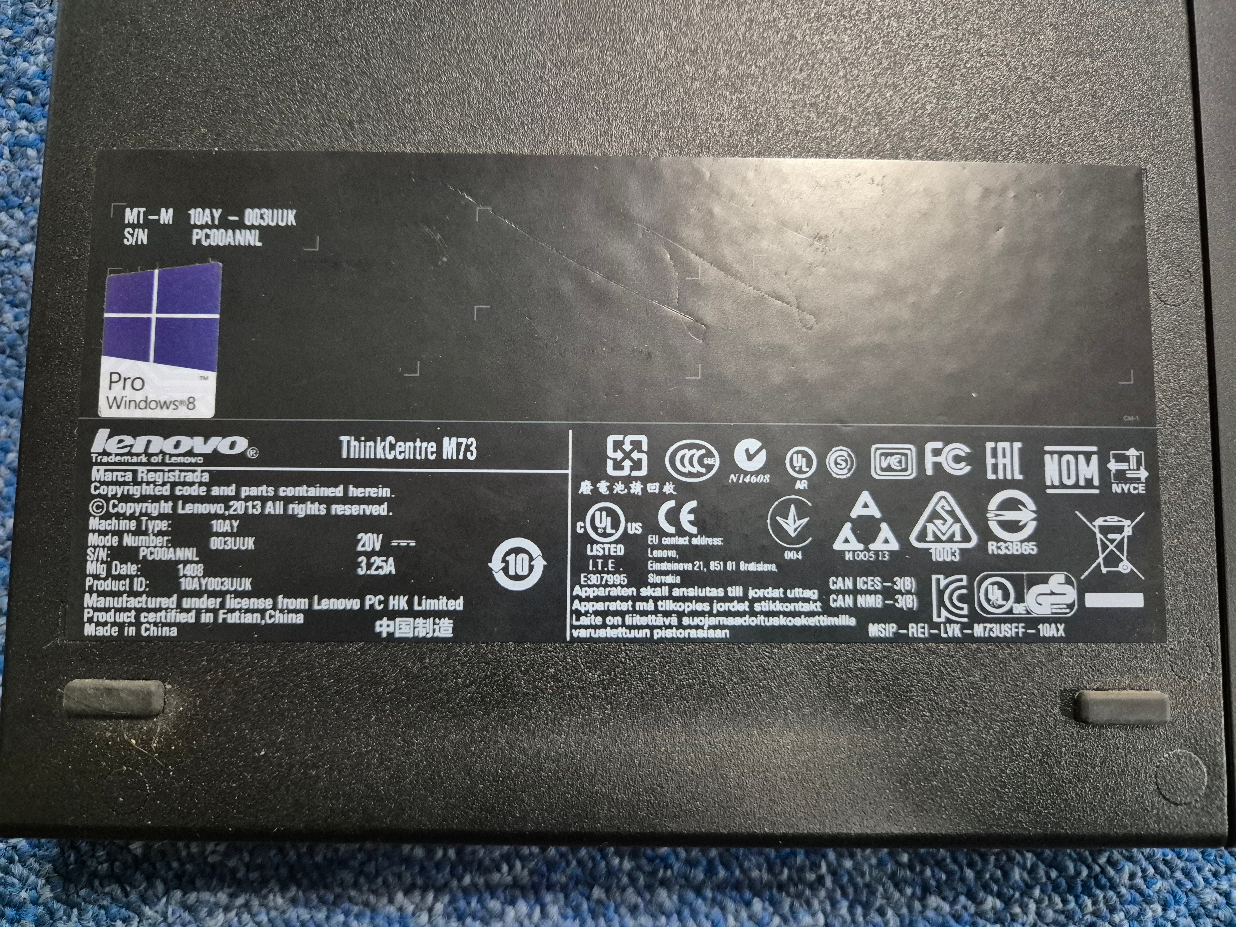 Lenovo ThinkCentre M73 500GB HD 4GB RAM Pentium G3240T 2.7GHz NO OS Mini Desktop ( 10AY-003UUK ) USED