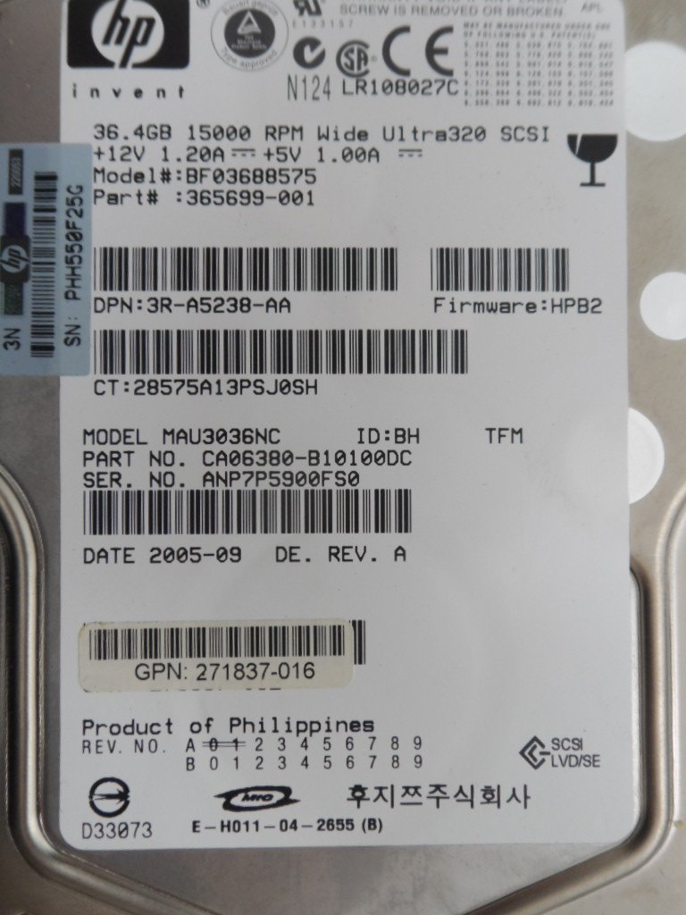 HP Fujitsu 36.4GB SCSI 80 Pin 15Krpm 3.5in HDD ( CA06380-B10100DC MAU3036NC 365699-001 BF03688575 271837-016 3R-A5238-AA 289241-001 ) REF