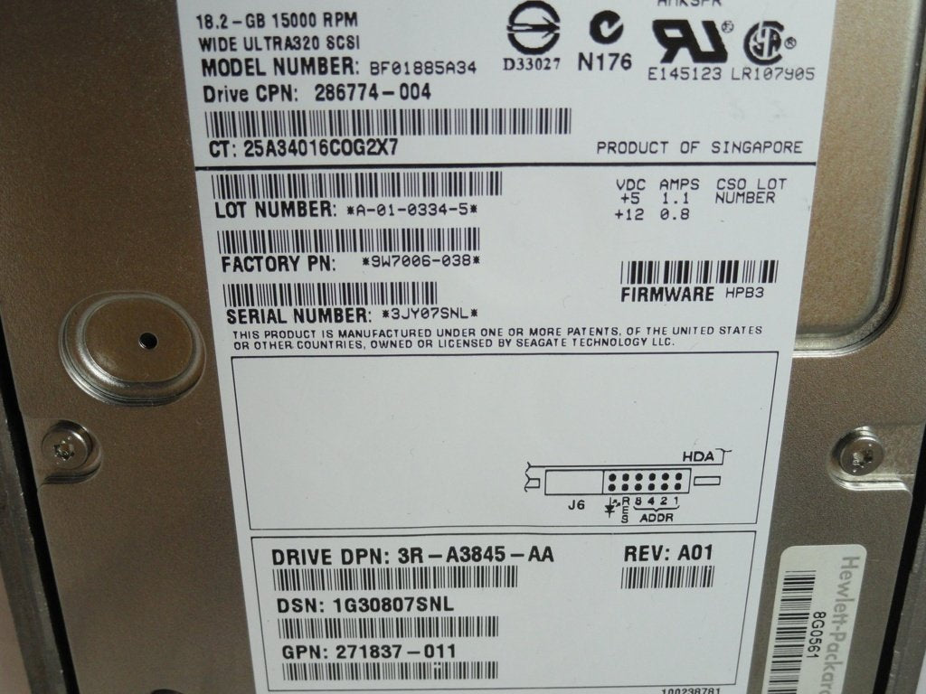 9W7006-038 - Seagate HP 18.2GB SCSI 80 Pin 15Krpm 3.5in HDD in Caddy - Refurbished