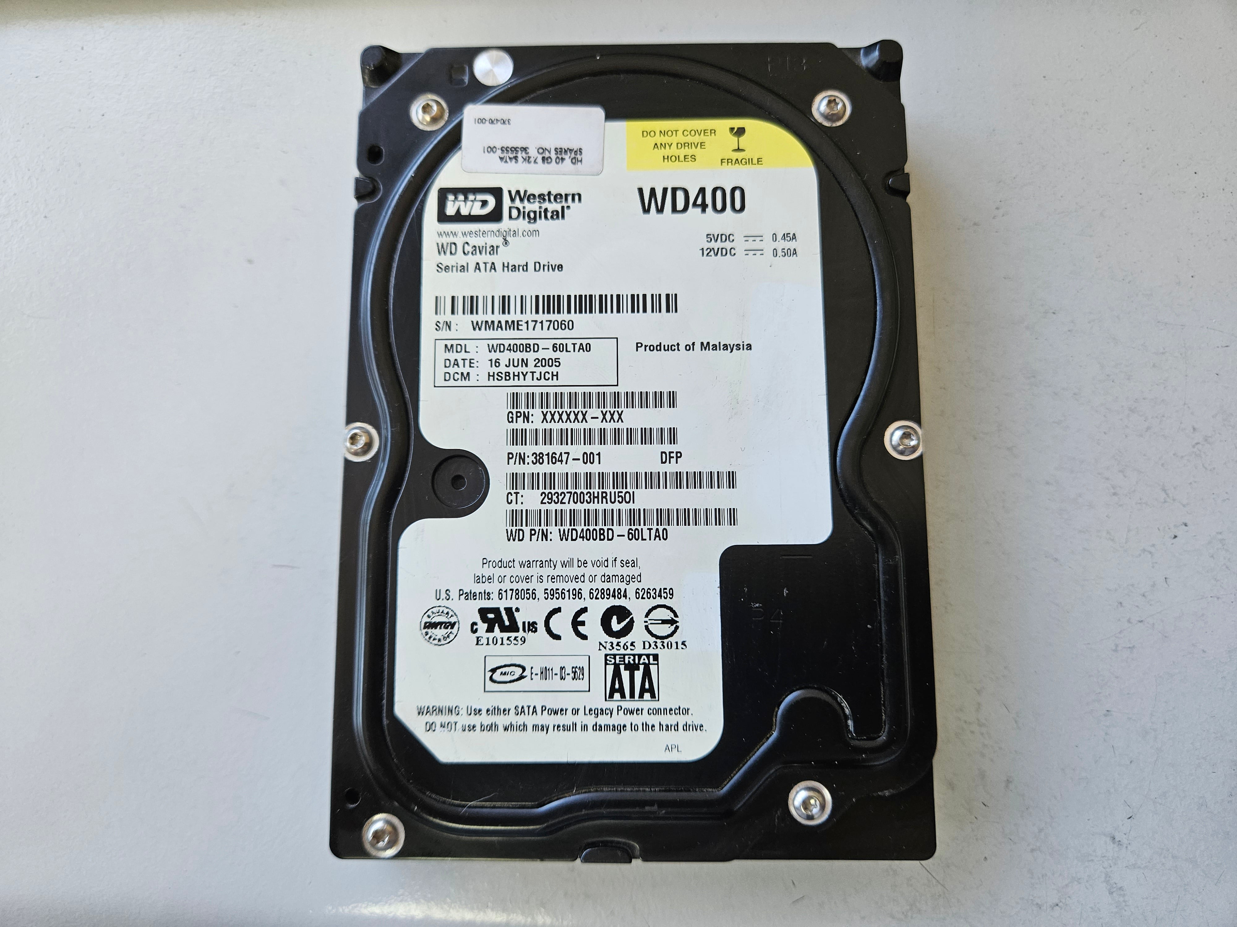 Western Digital HP 40GB SATA 7200rpm 3.5in HDD ( WD400 WD400BD-60LTA0 365555-001 381647-001 ) REF