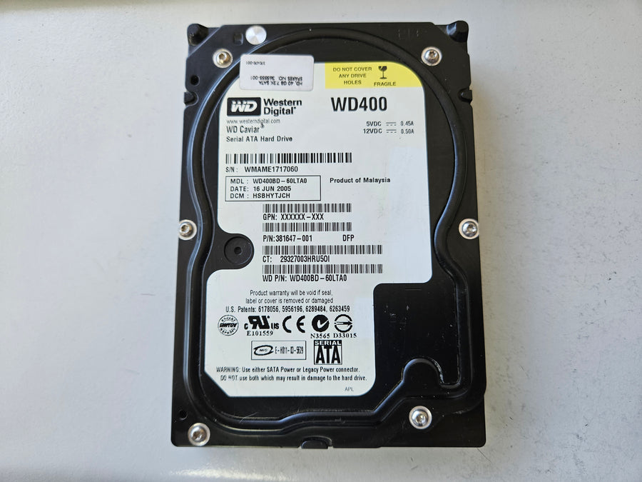 Western Digital HP 40GB SATA 7200rpm 3.5in HDD ( WD400 WD400BD-60LTA0 365555-001 381647-001 ) REF