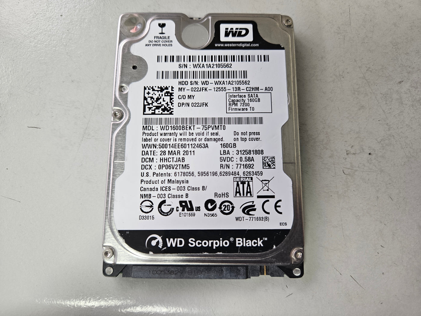 Western Digital Dell 160GB 7200RPM SATA 2.5in HDD ( WD1600BEKT-75PVMT0 022JFK ) REF