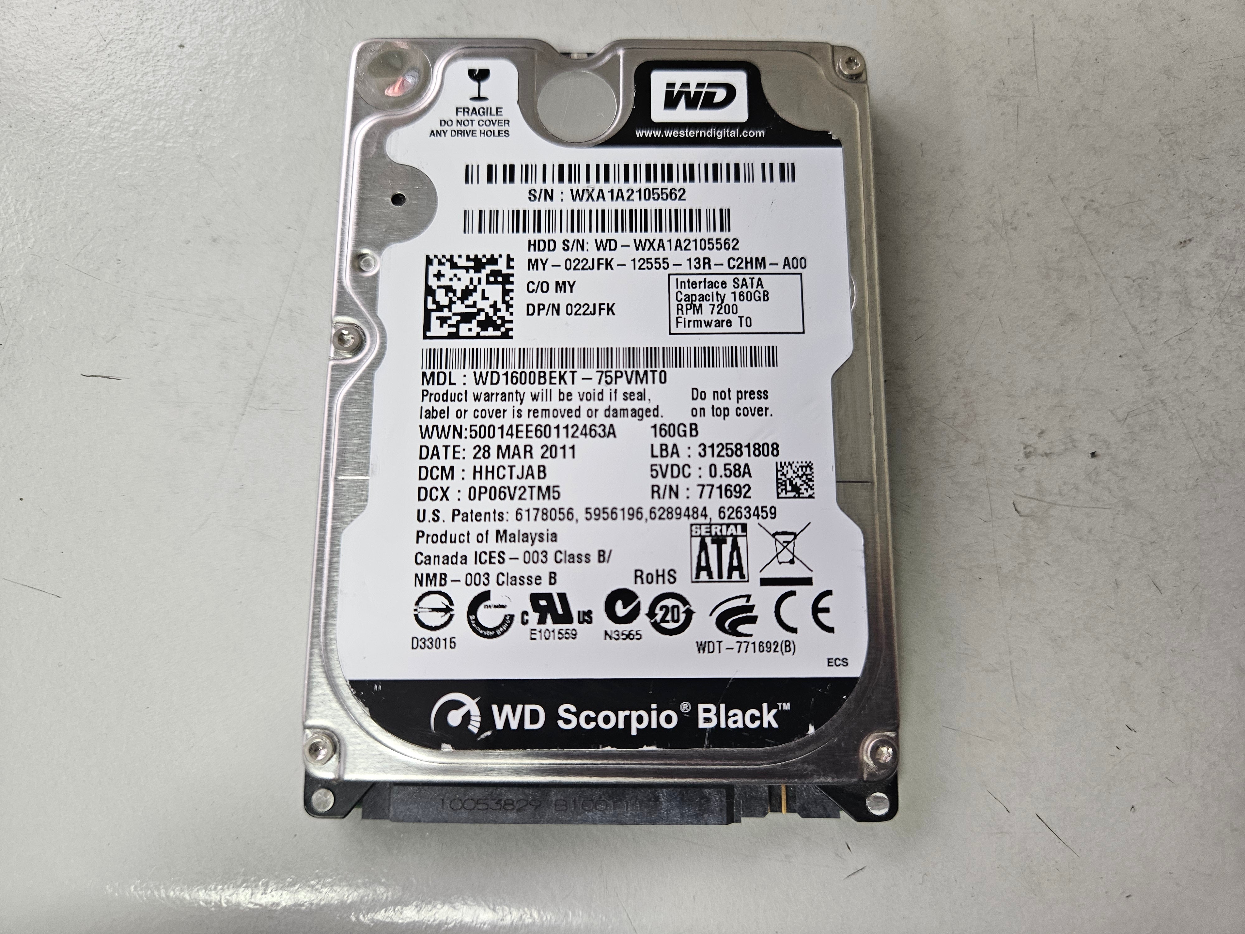 Western Digital Dell 160GB 7200RPM SATA 2.5in HDD ( WD1600BEKT-75PVMT0 022JFK ) REF