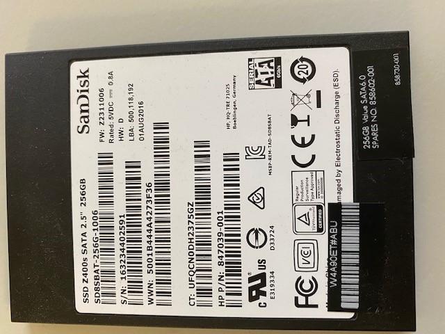 SANDISK/ HP SSD 256GB Z400 SATA SD8SBAT-256G-1006  847039-001 Sandisk HP