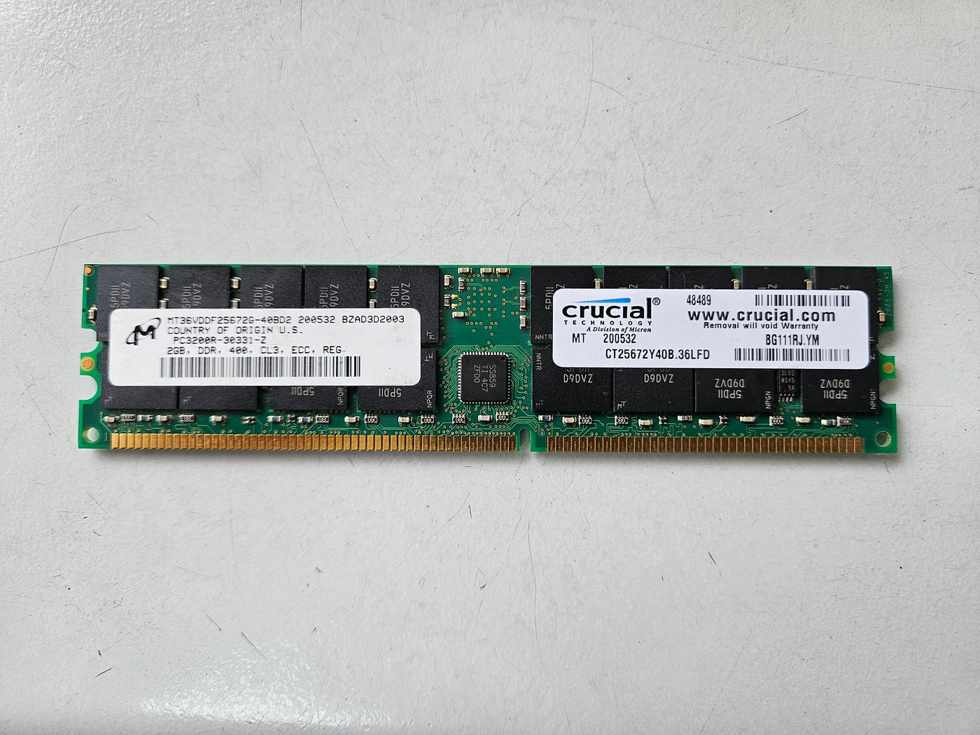 Micron Crucial 2GB PC3200 DDR-400 ECC Reg CL3 SDRAM DIMM ( MT36VDDF25672G-40BD2 CT25672Y40B.36LFD ) REF