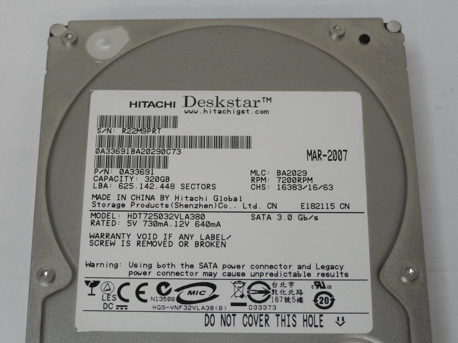 Hitachi 320GB SATA 7200rpm 3.5in HDD ( 0A33691 HDT725032VLA380 ) REF
