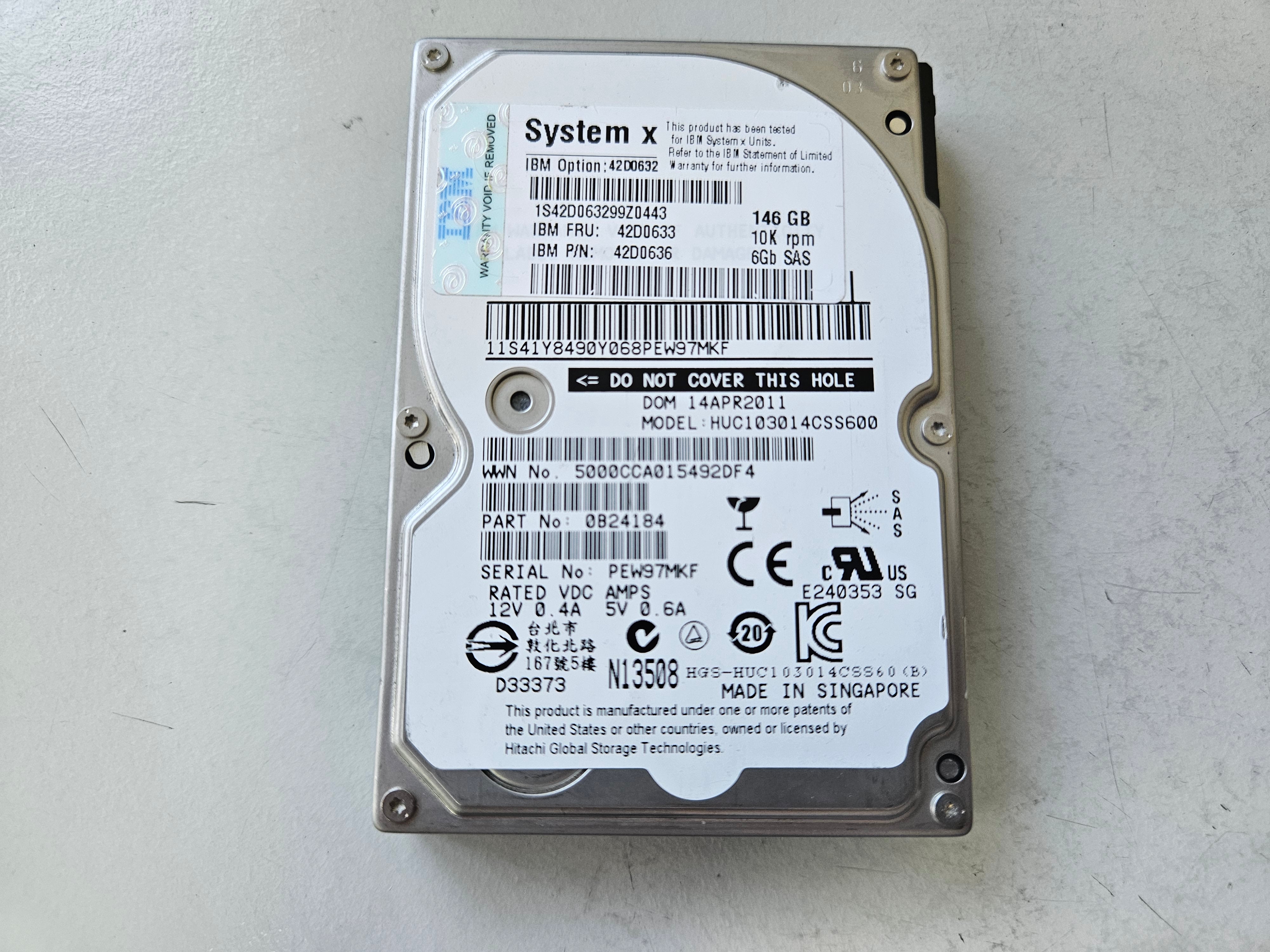 Hitachi IBM 146GB 10K SAS 2.5in HDD ( HUC103014CSS600 0B24184 42D0636 42D0633 42D0632 ) REF