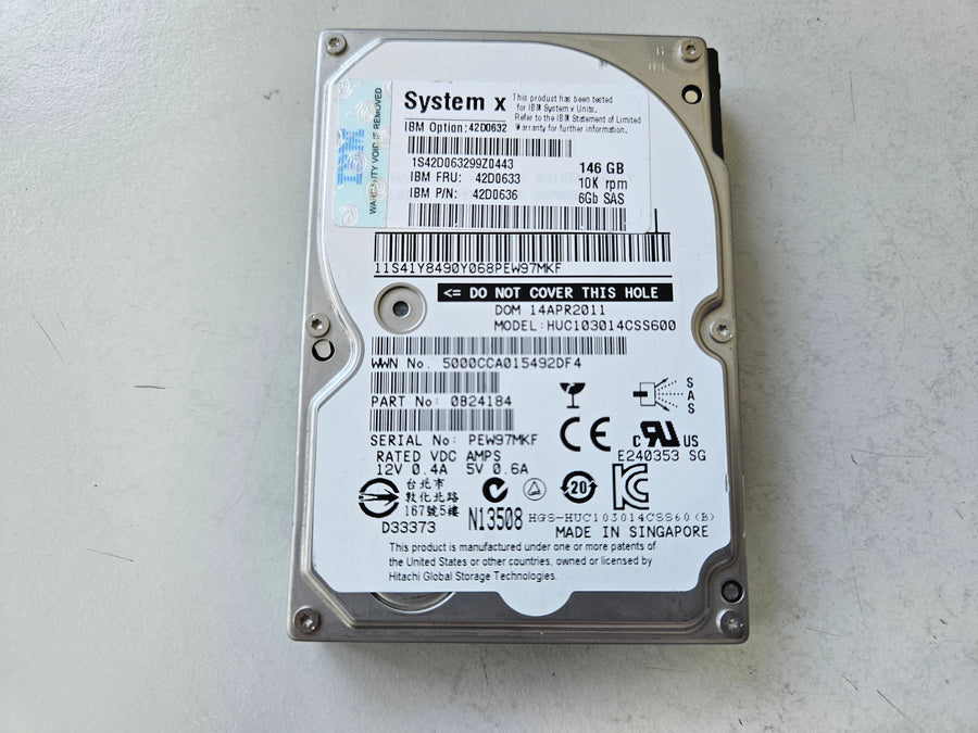 Hitachi IBM 146GB 10K SAS 2.5in HDD ( HUC103014CSS600 0B24184 42D0636 42D0633 42D0632 ) REF