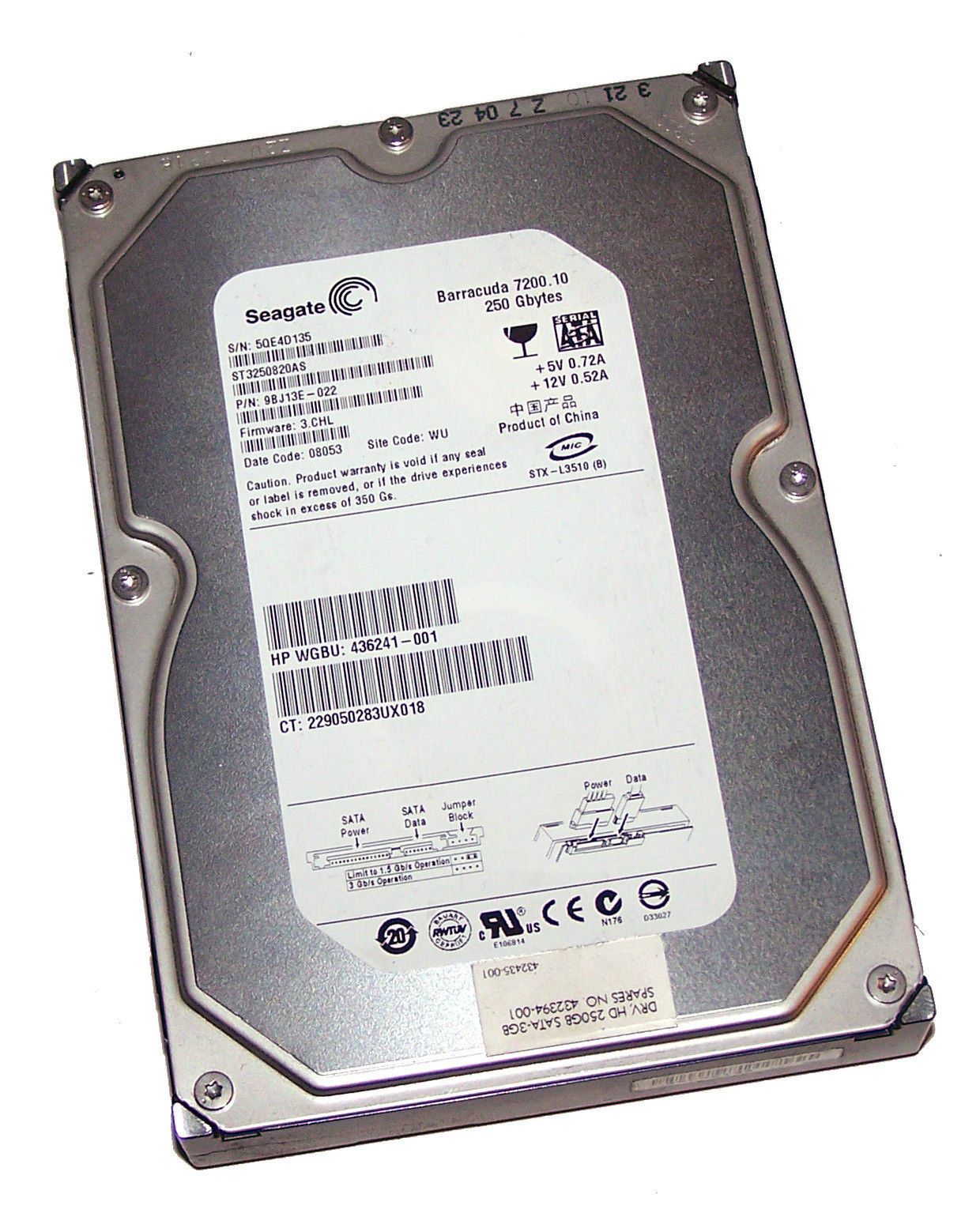 Seagate HP 500GB SATA 7200rpm 3.5in HDD ( 9BJ146-022 ST3500630AS 455059-001  Ref)