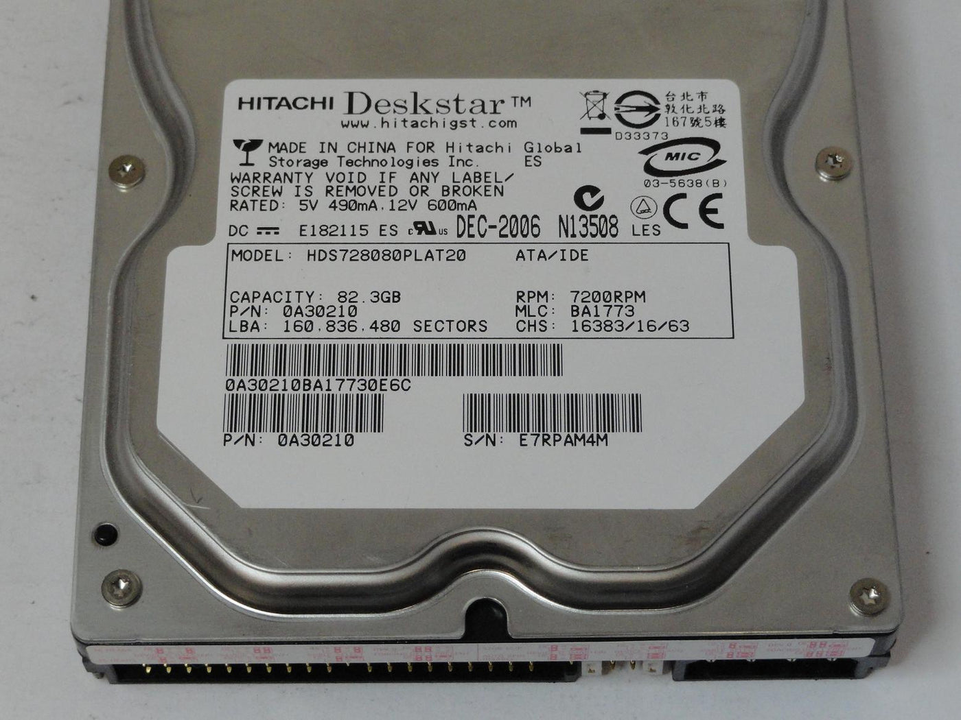 Hitachi 80GB IDE 7200rpm 3.5in HDD ( 0A30210 HDS728080PLAT20 ) REF 