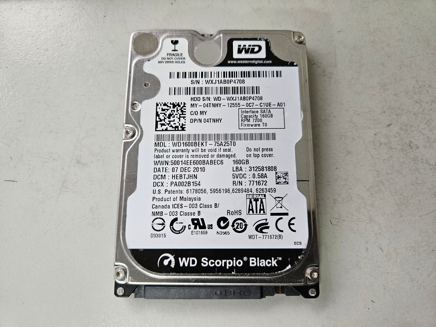 WD Dell Scorpio Black 160GB 7200RPM SATA 2.5" HDD ( WD1600BEKT-75A25T0 04TNHY ) REF