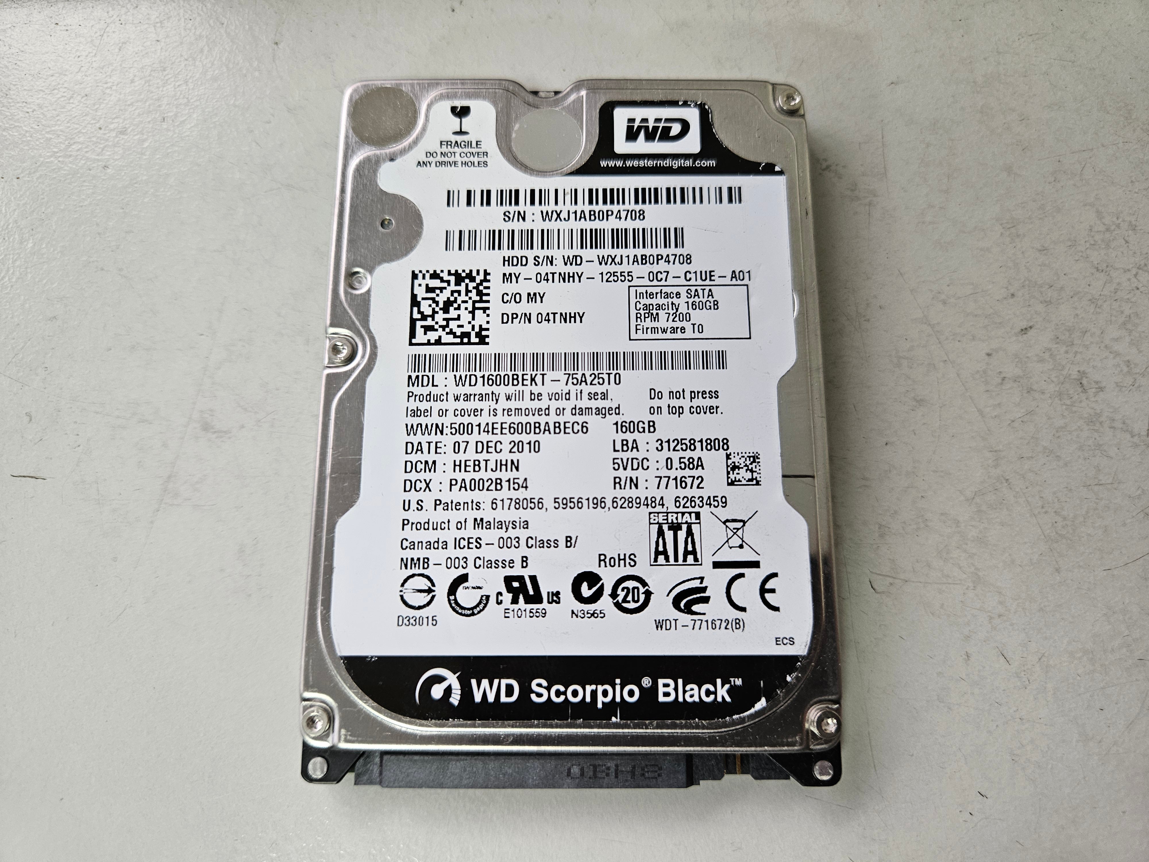 WD Dell Scorpio Black 160GB 7200RPM SATA 2.5" HDD ( WD1600BEKT-75A25T0 04TNHY ) REF