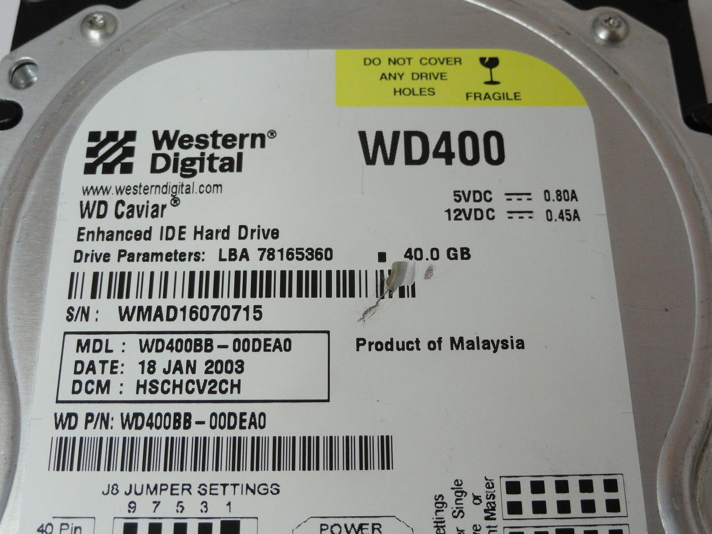 Western Digital 40GB IDE 7200rpm 3.5in HDD ( WD400BB-00DEA0 ) USED
