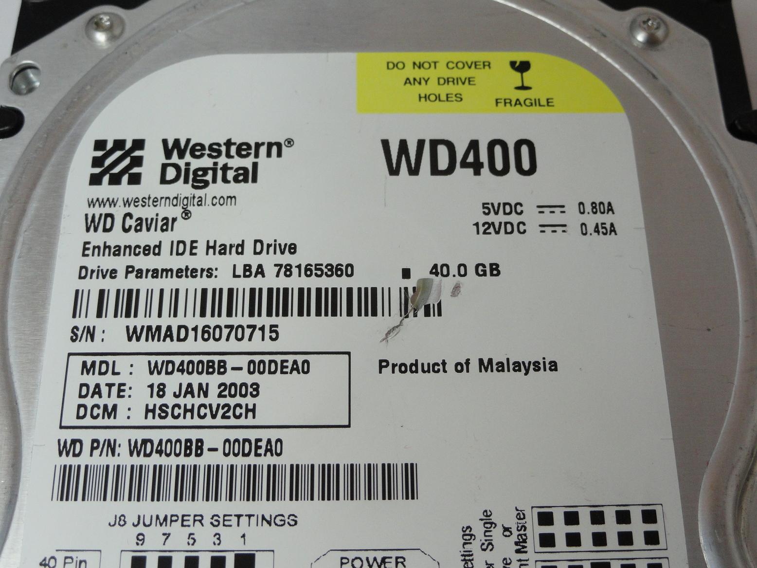 Western Digital 40GB IDE 7200rpm 3.5in HDD ( WD400BB-00DEA0 ) USED