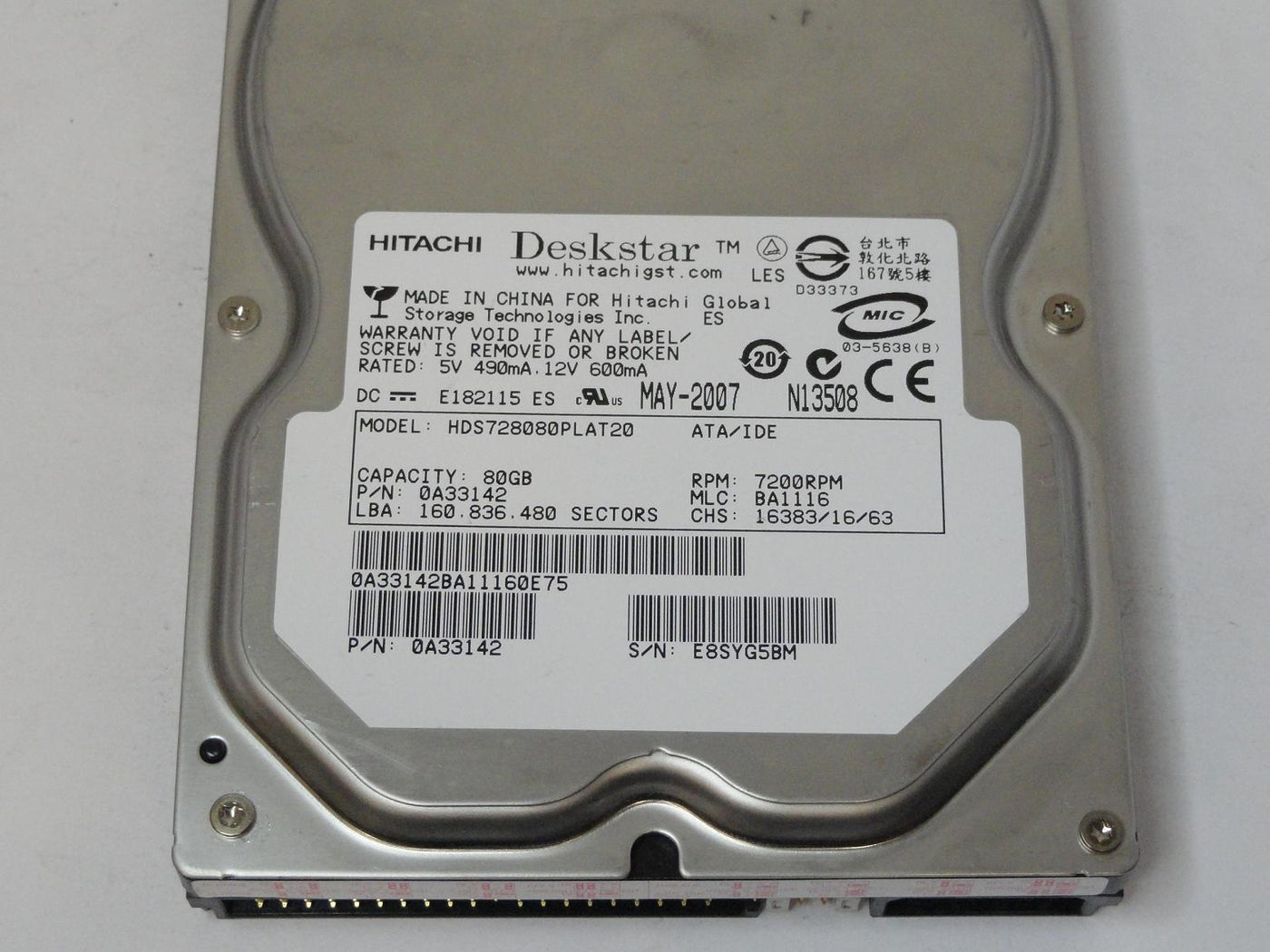 Hitachi 80GB IDE 7200rpm 3.5in HDD ( 0A33142 HDS728080PLAT20 ) USED