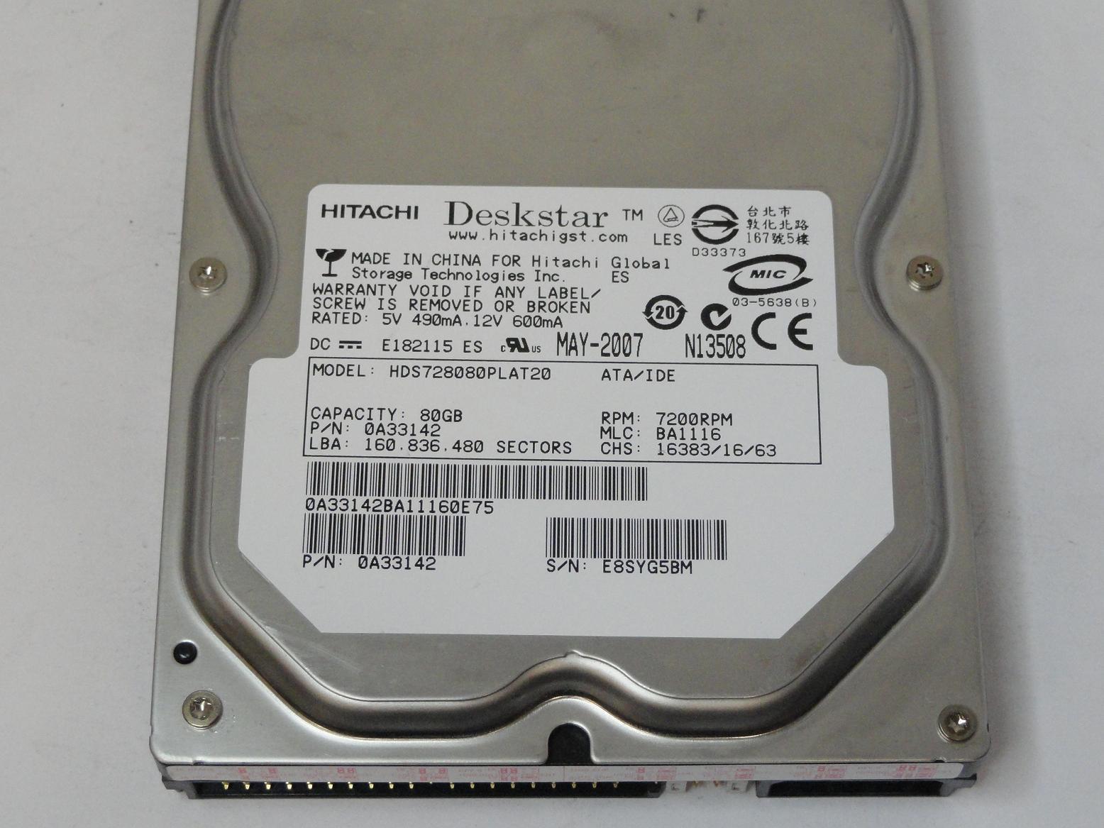 Hitachi 80GB IDE 7200rpm 3.5in HDD ( 0A33142 HDS728080PLAT20 ) USED