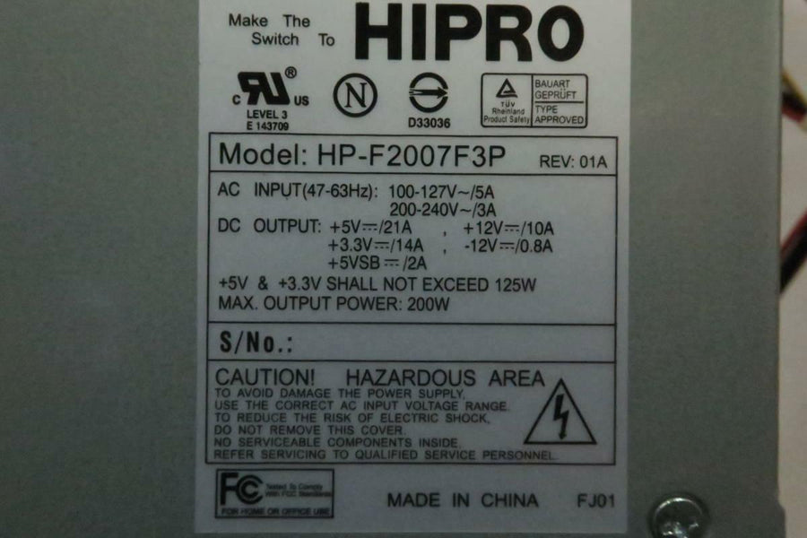 Hipro 200W ATX Power Supply ( HP-F2007F3P ) USED