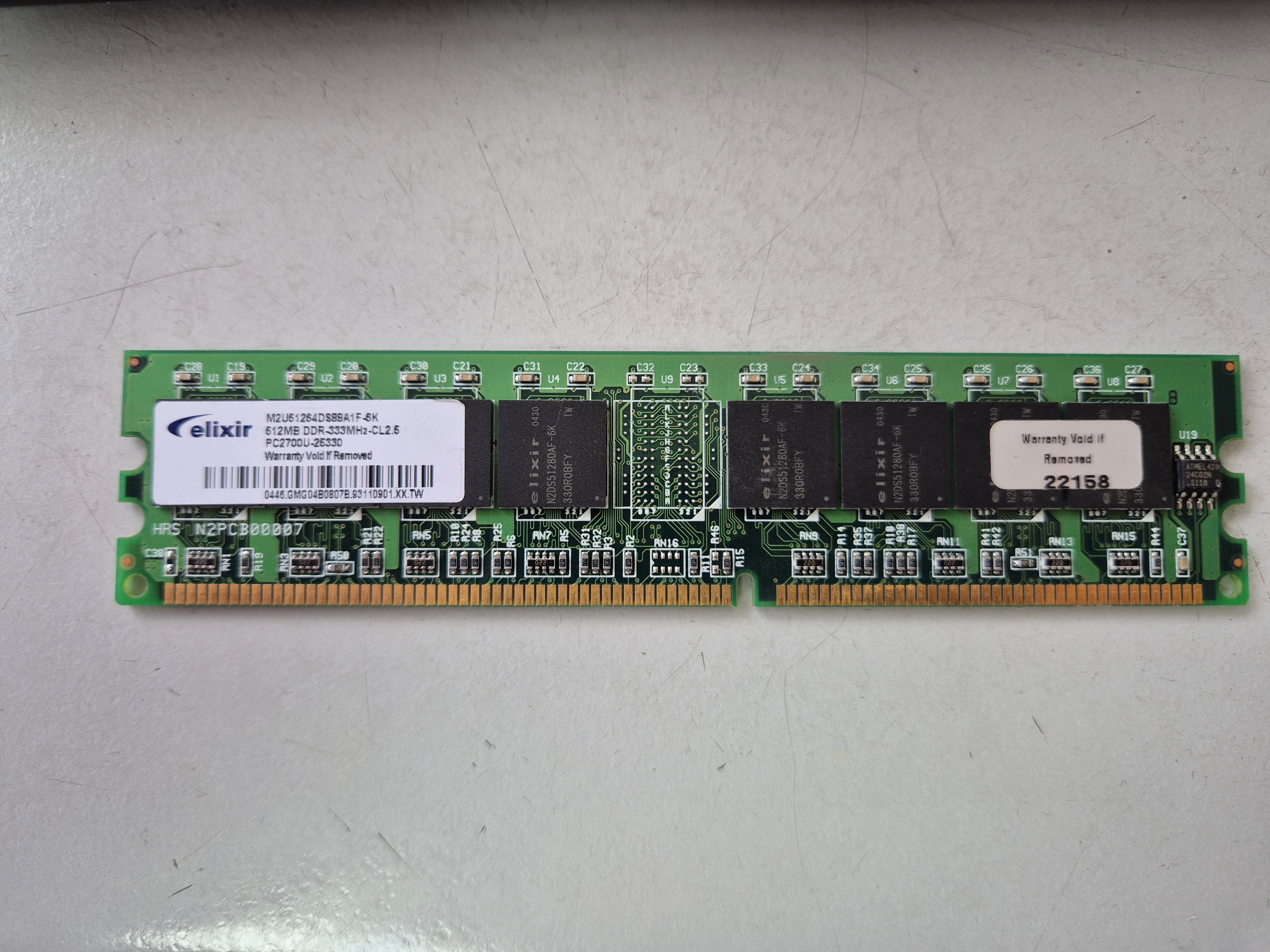 Elixir 512MB DDR 333MHz PC2700U NonECC 184-Pin CL2.5 DIMM ( M2U51264DS88A1F-6K ) REF