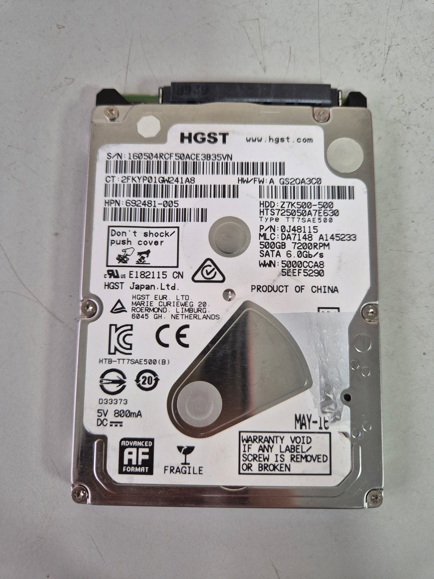 HGST HP 500GB SATA 7.2KRPM 2.5in HDD ( HTS725050A7E630 Z7K500-500 692481-005 0J48115 ) USED