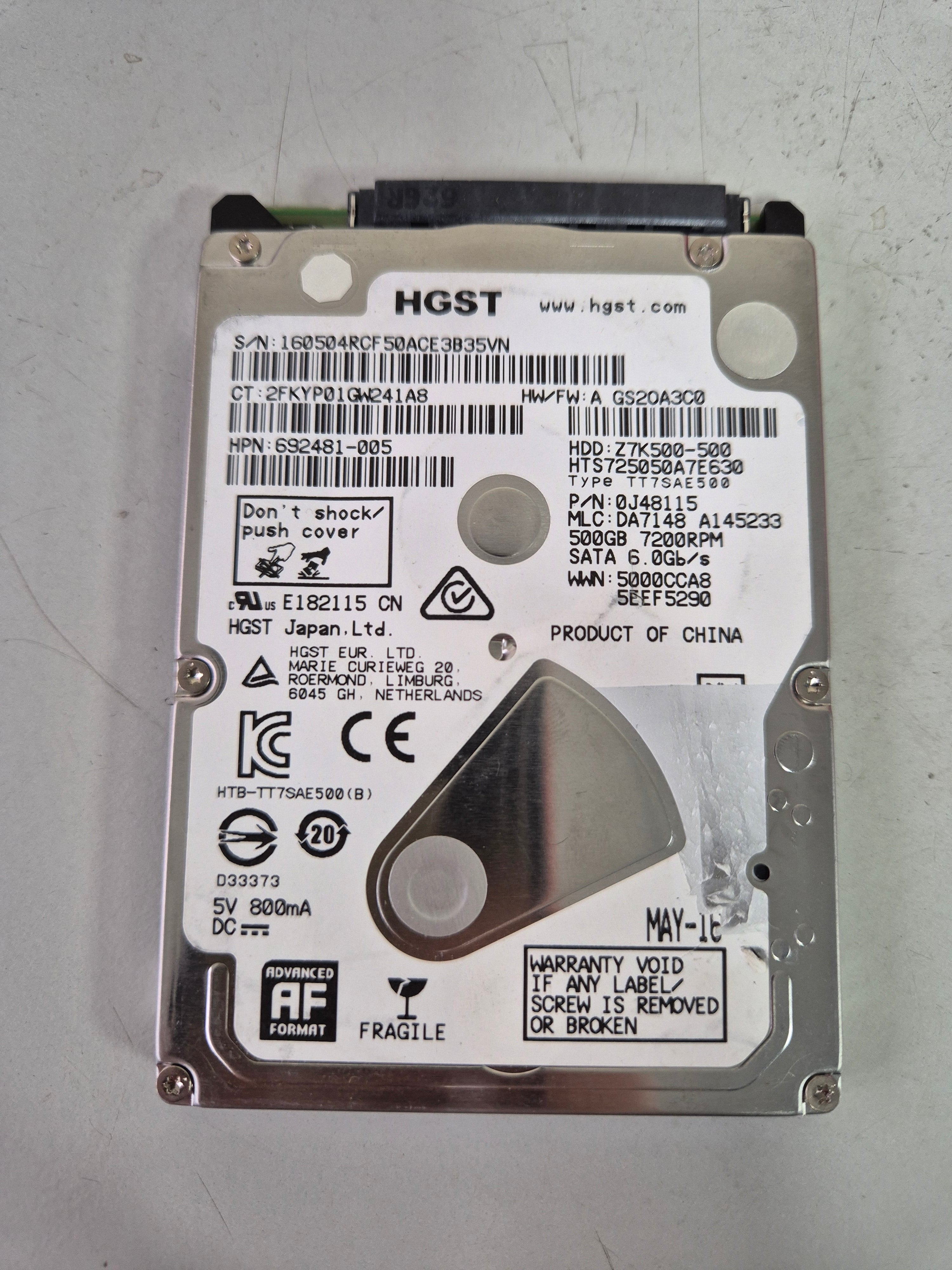HGST HP 500GB SATA 7.2KRPM 2.5in HDD ( HTS725050A7E630 Z7K500-500 692481-005 0J48115 ) USED