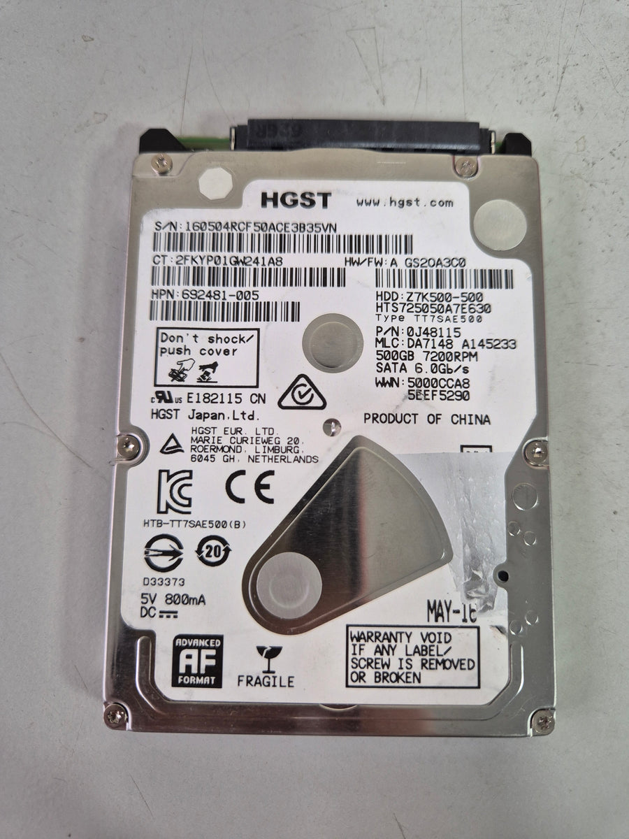 HGST HP 500GB SATA 7.2KRPM 2.5in HDD ( HTS725050A7E630 Z7K500-500 692481-005 0J48115 ) USED