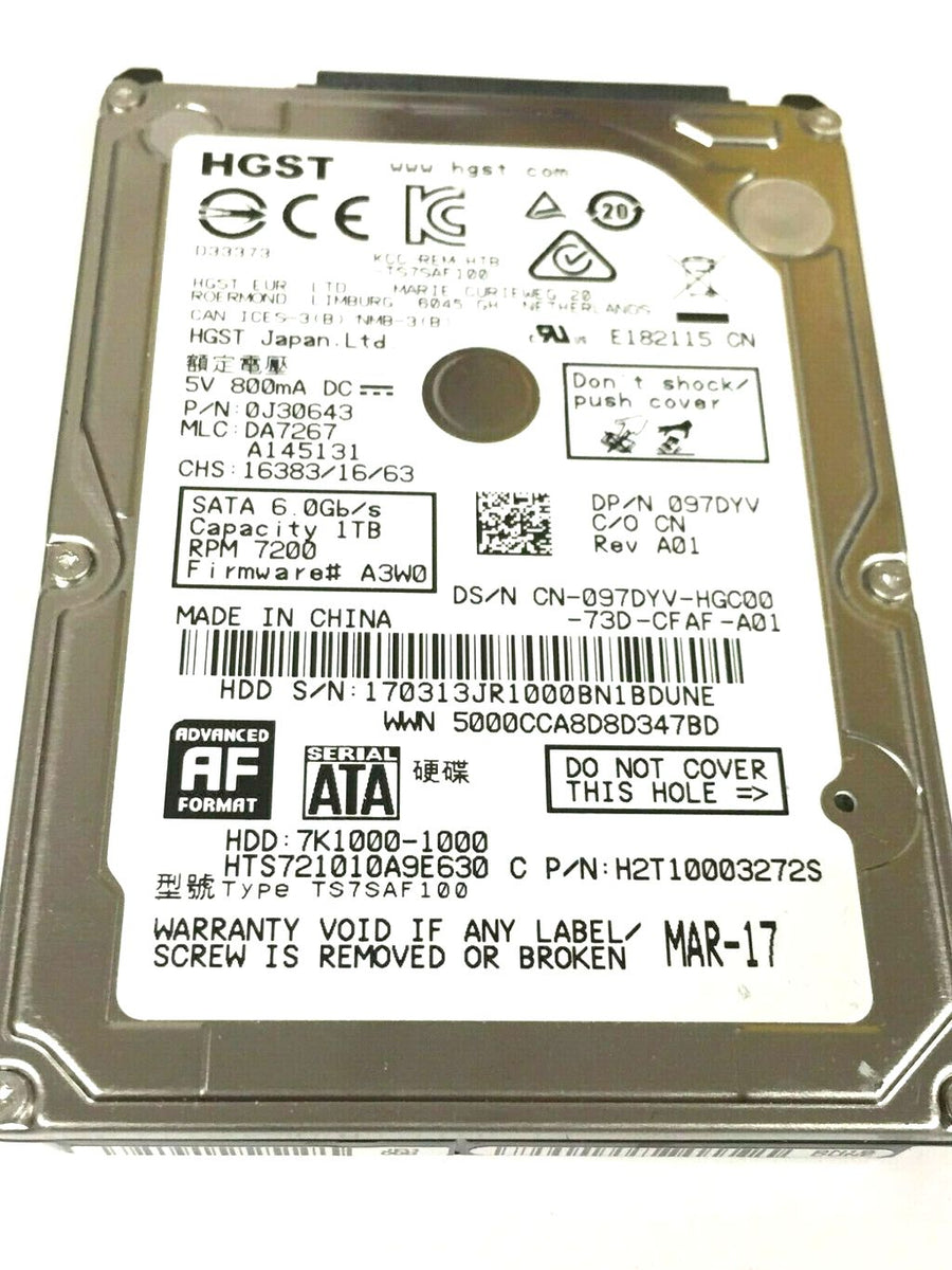 HGST Dell 1TB 7.2K SATA 2.5" HDD ( HTS721010A9E630 0J30643 097DYV H2T10003272S ) USED