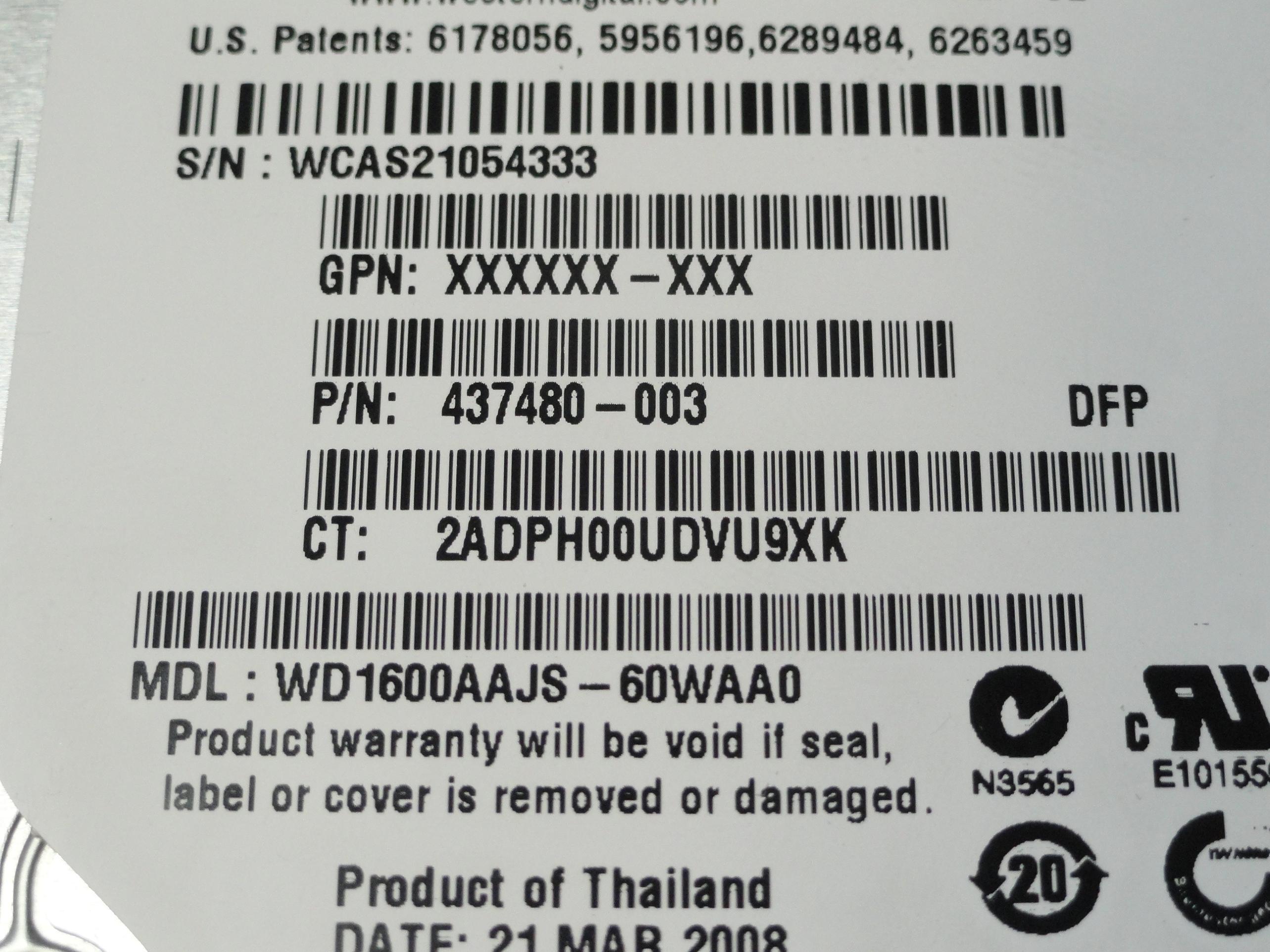 WD1600AAJS-60WAA0 - Western Digital HP 160Gb SATA 7200rpm 3.5in HDD - Refurbished