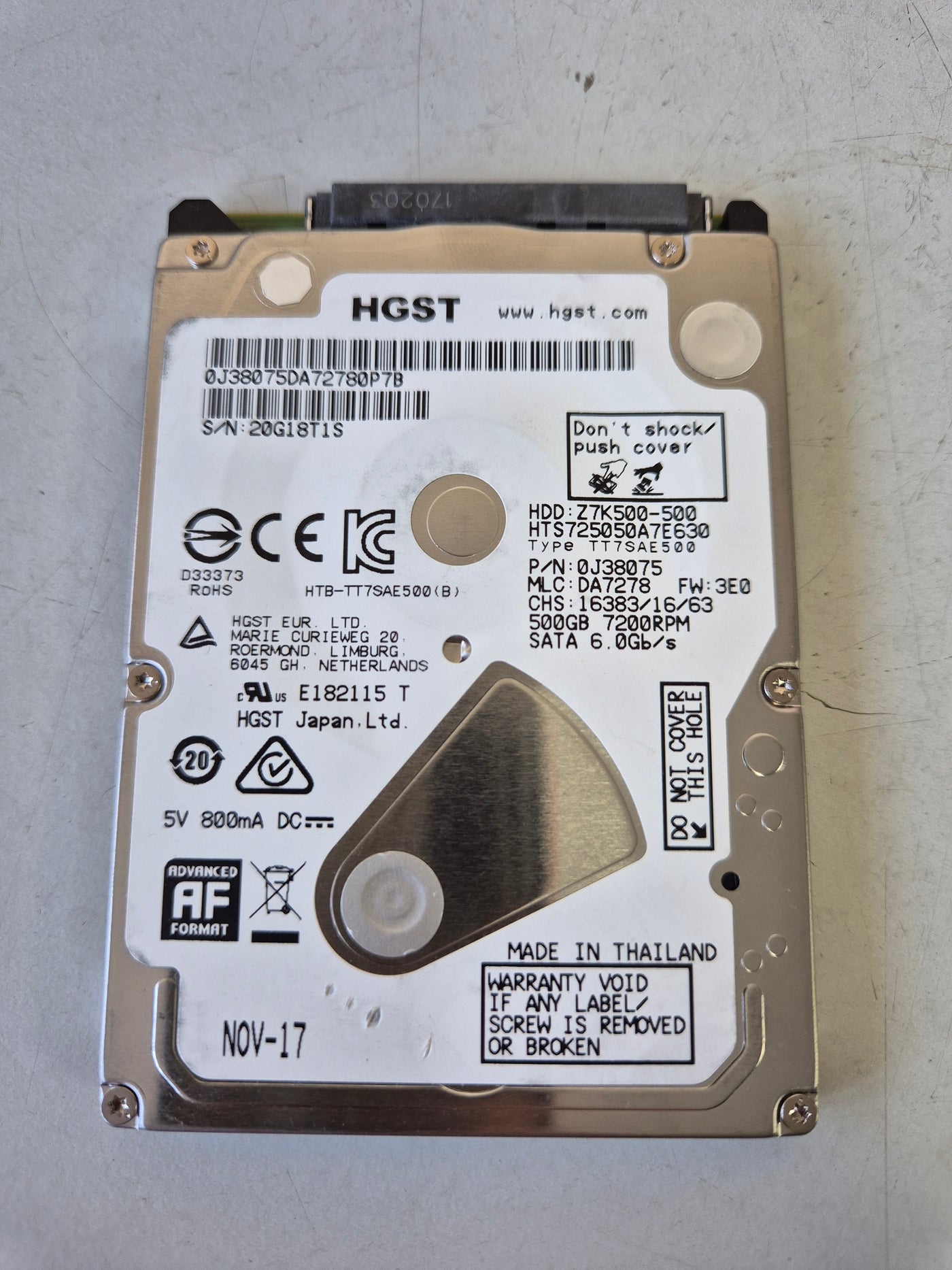 HGST 500GB SATA 7200rpm 2.5in HDD ( HTS725050A7E630 Z7K500-500 0J38075 ) USED