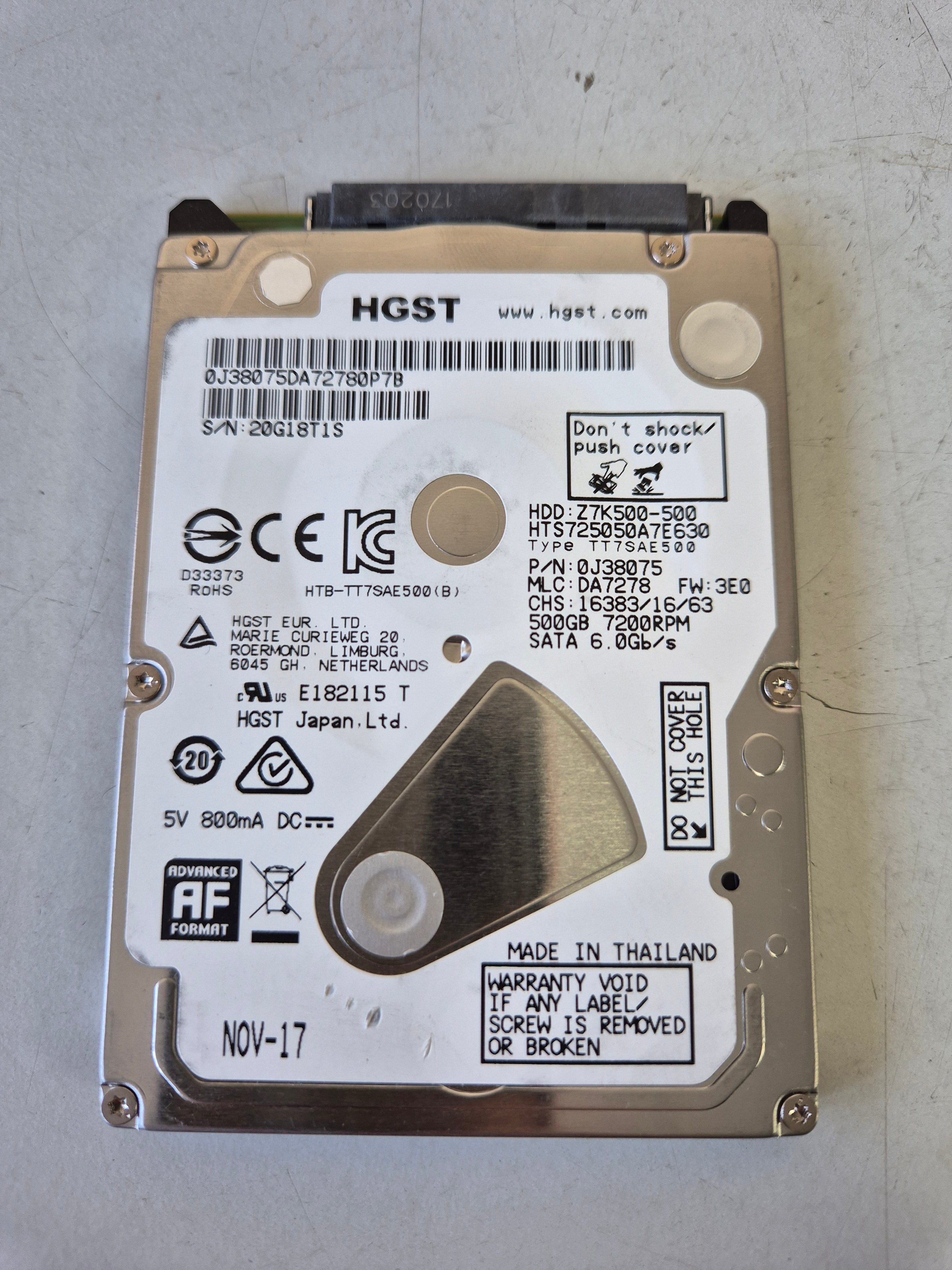 HGST 500GB SATA 7200rpm 2.5in HDD ( HTS725050A7E630 Z7K500-500 0J38075 ) USED