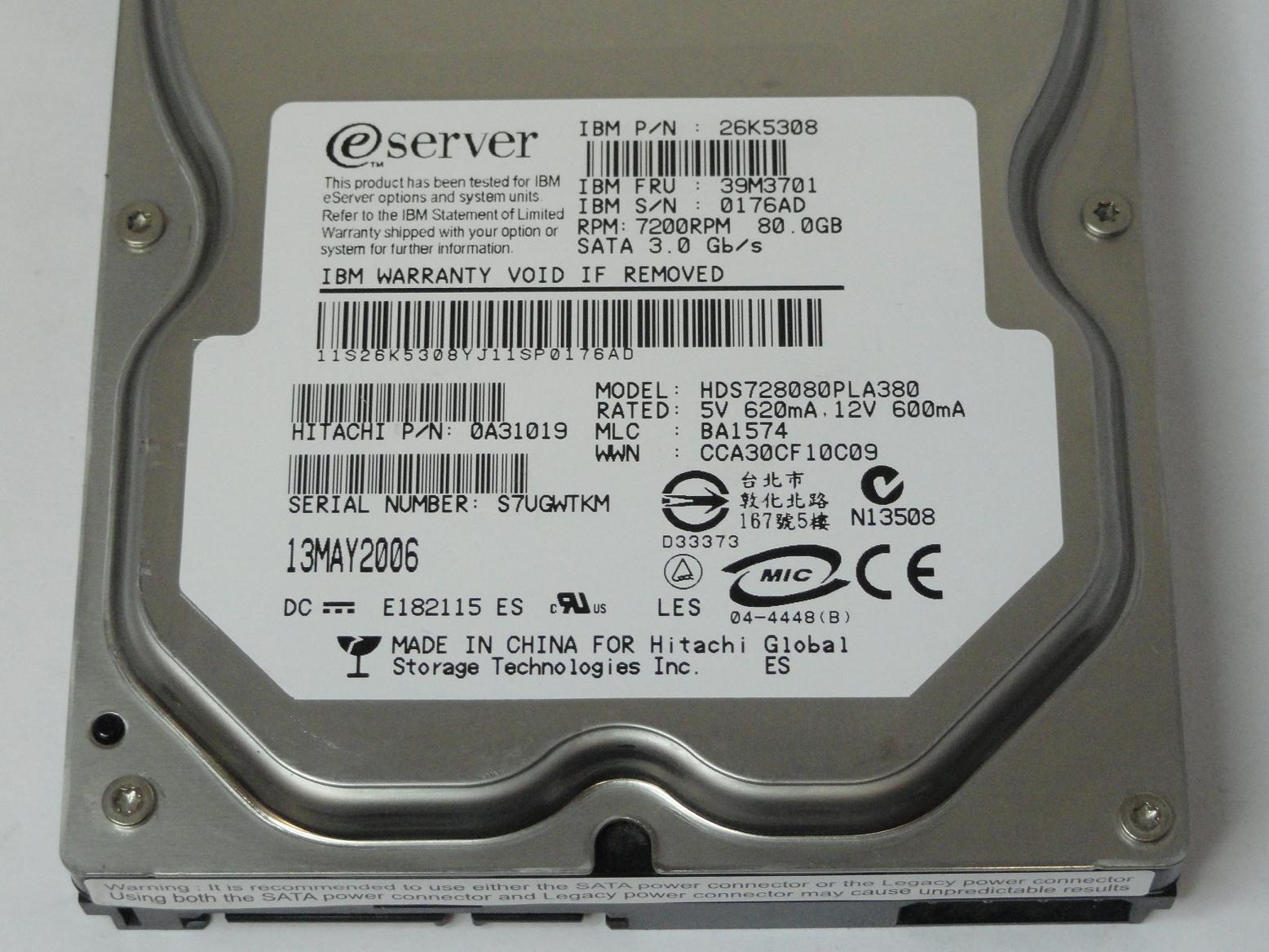 Hitachi IBM 80GB SATA 7200rpm 3.5in HDD ( HDS728080PLA380 0A31019 26K5308 39M3701 ) REF